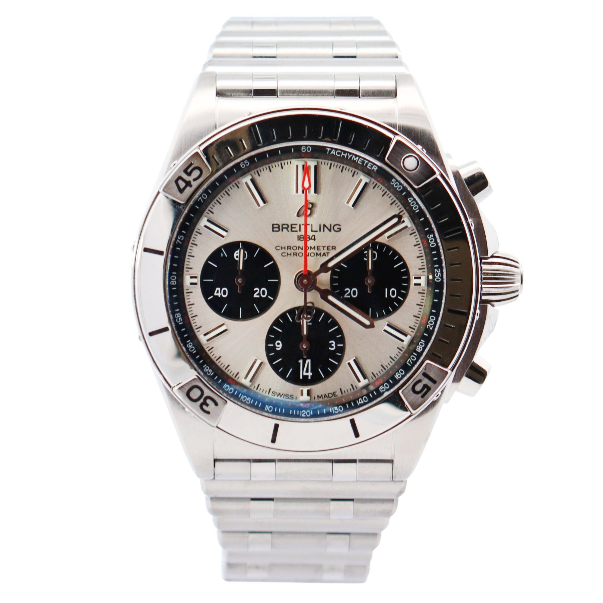 Breitling Chronomat 42mm Silver Dial Watch Ref# AB0134 - Happy Jewelers Fine Jewelry Lifetime Warranty