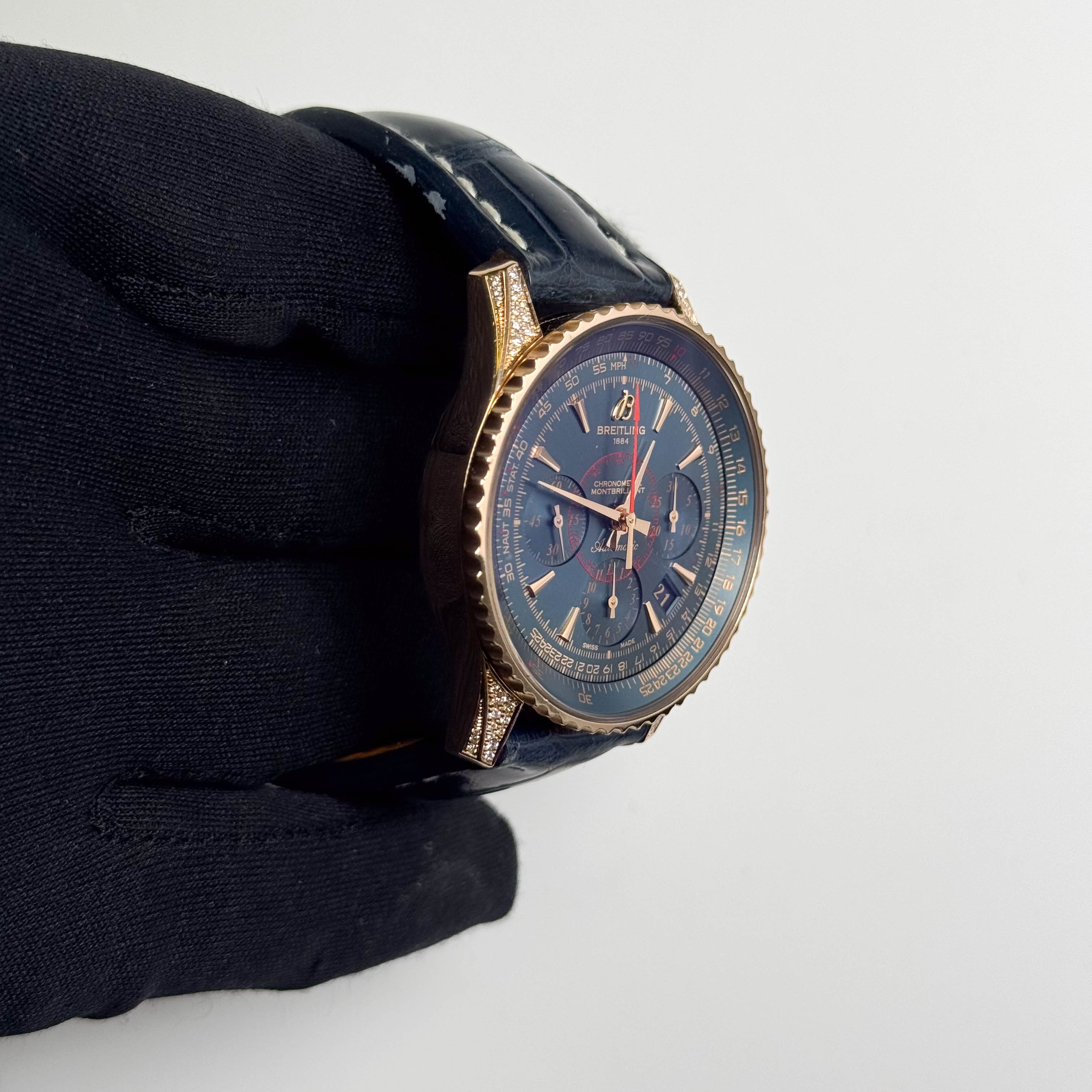 Breitling Montbrilliant 40mm Rose Gold Blue Chronograph Dial Watch Ref# RB0130