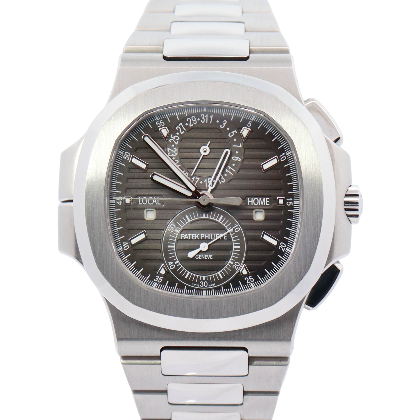 Patek Philippe Nautilus Travel Time 40.5mm Stainless Steel Black Gradated Chronograph Dial Watch Reference# 5990/A1-001 - Happy Jewelers Fine Jewelry Lifetime Warranty