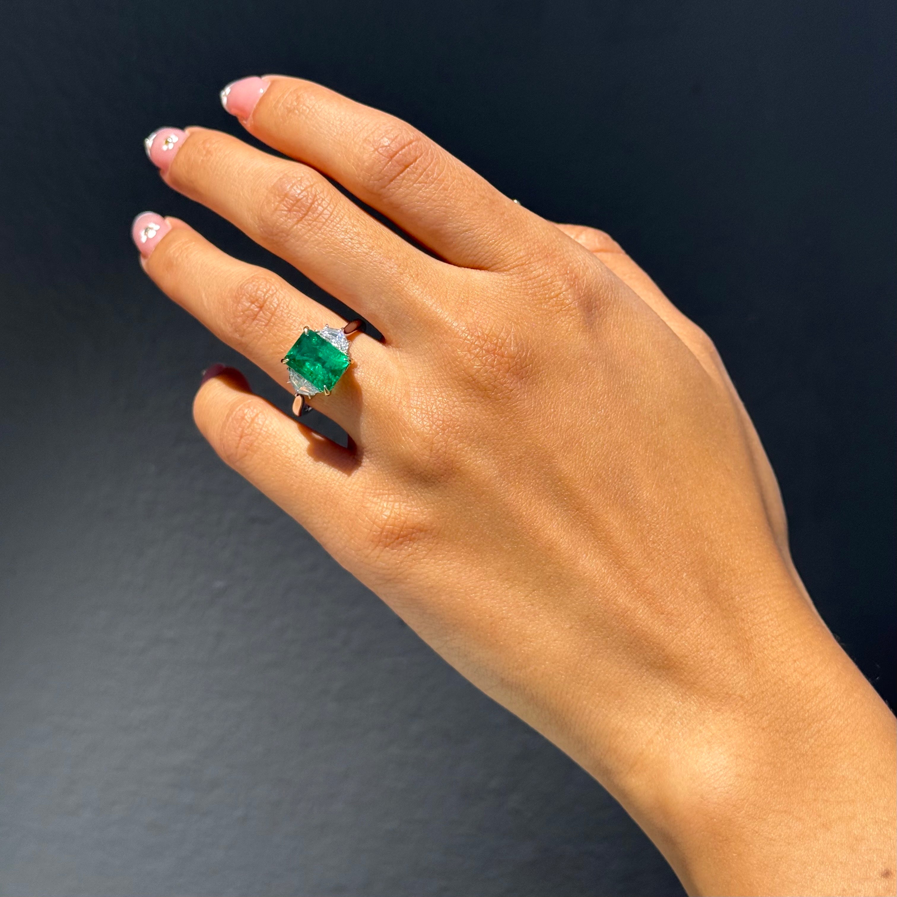 Emerald 3 Stone with Epaulette Diamond Sidestones Ring