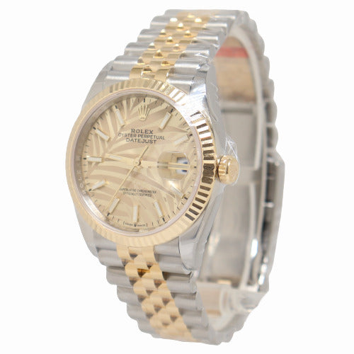 NEW! Rolex Datejust Two Tone Yellow Gold and Stainless Steel 36mm Champagne Palm Motif Stick Dial Watch Reference# 126233 - Happy Jewelers Fine Jewelry Lifetime Warranty