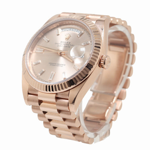 Rolex President Day-Date 40mm 18k Everose Gold Case Sundust Pink Baguette Diamond Dial Watch Reference# 228235 - Happy Jewelers Fine Jewelry Lifetime Warranty