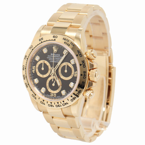 Rolex Mens Daytona Yellow Gold 40mm Black Chronograph Diamond Dial Watch Ref# 116508 - Happy Jewelers Fine Jewelry Lifetime Warranty