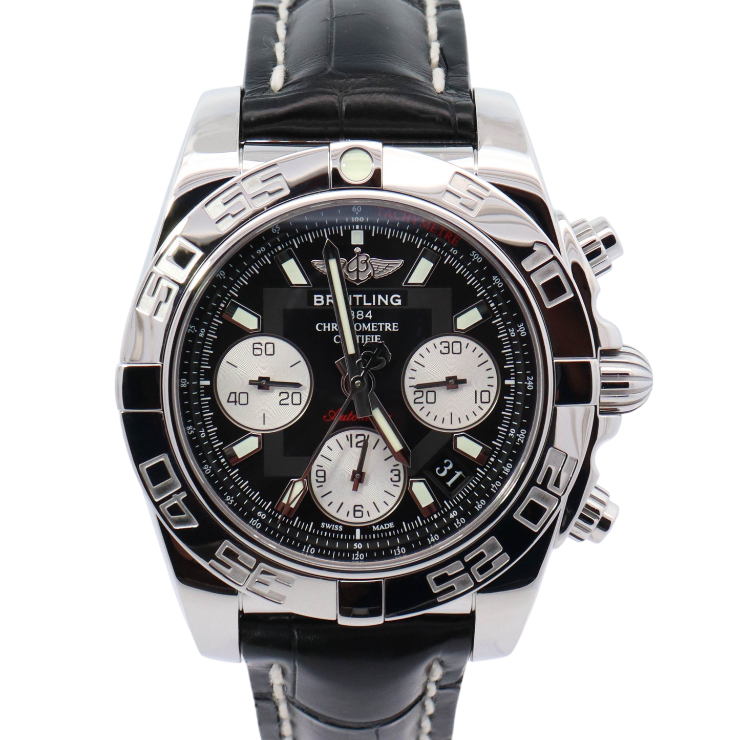 Breitling Chronomat 41mm Stainless Steel Black Chronograph Dial Watch Reference# AB0140 - Happy Jewelers Fine Jewelry Lifetime Warranty