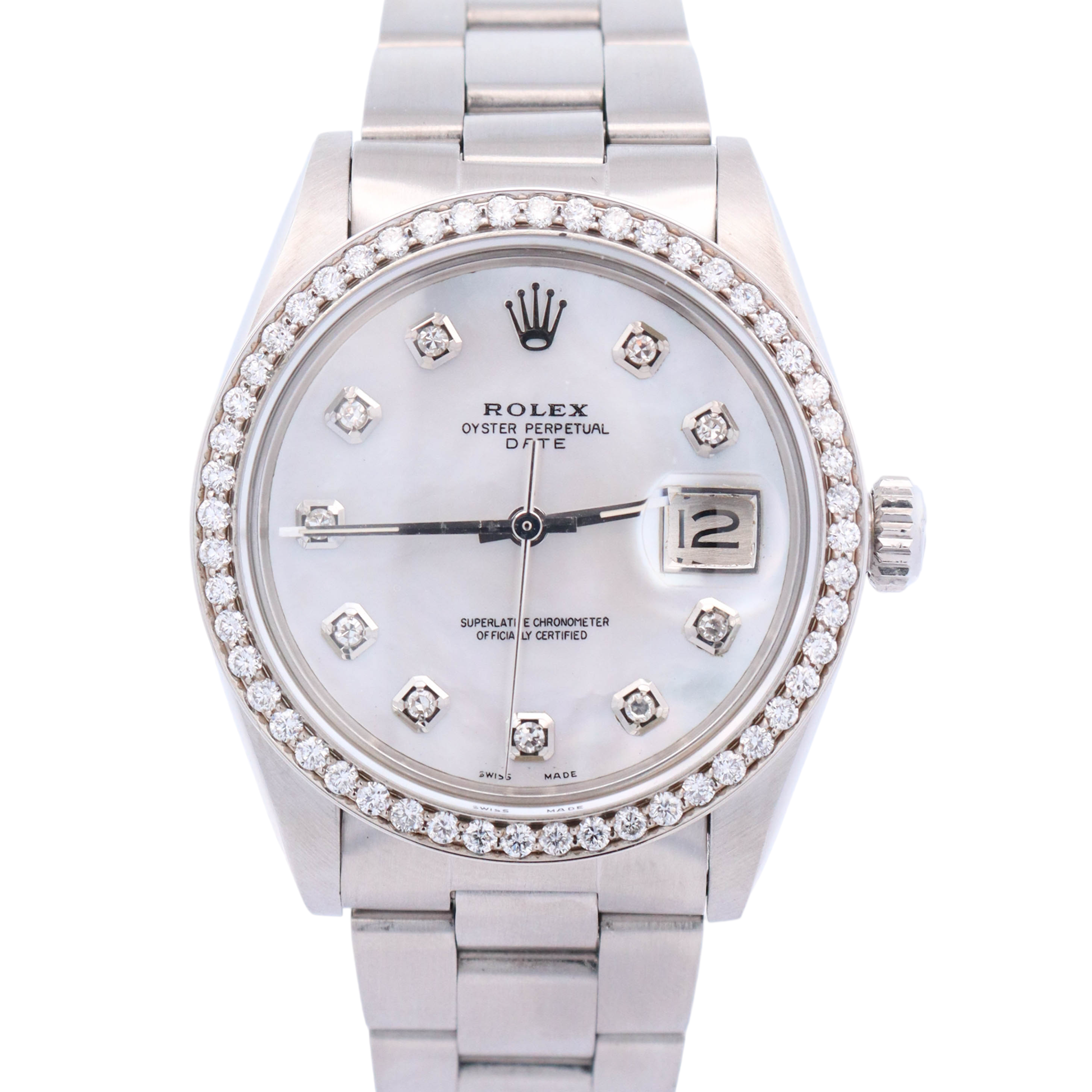 Rolex Oyster Perpetual Date 34mm Stainless Steel Custom White MOP Diamond Dial Watch Reference# 1501 - Happy Jewelers Fine Jewelry Lifetime Warranty