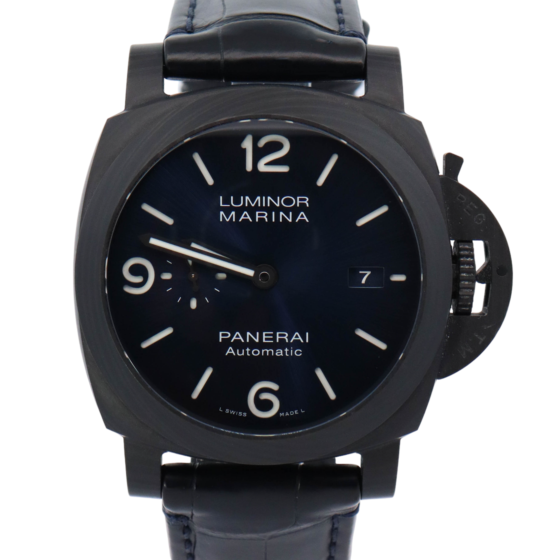 Panerai Luminor Marina 44mm Carbon Blue Arabic & Stick Dial Watch Reference# PAM01664 - Happy Jewelers Fine Jewelry Lifetime Warranty
