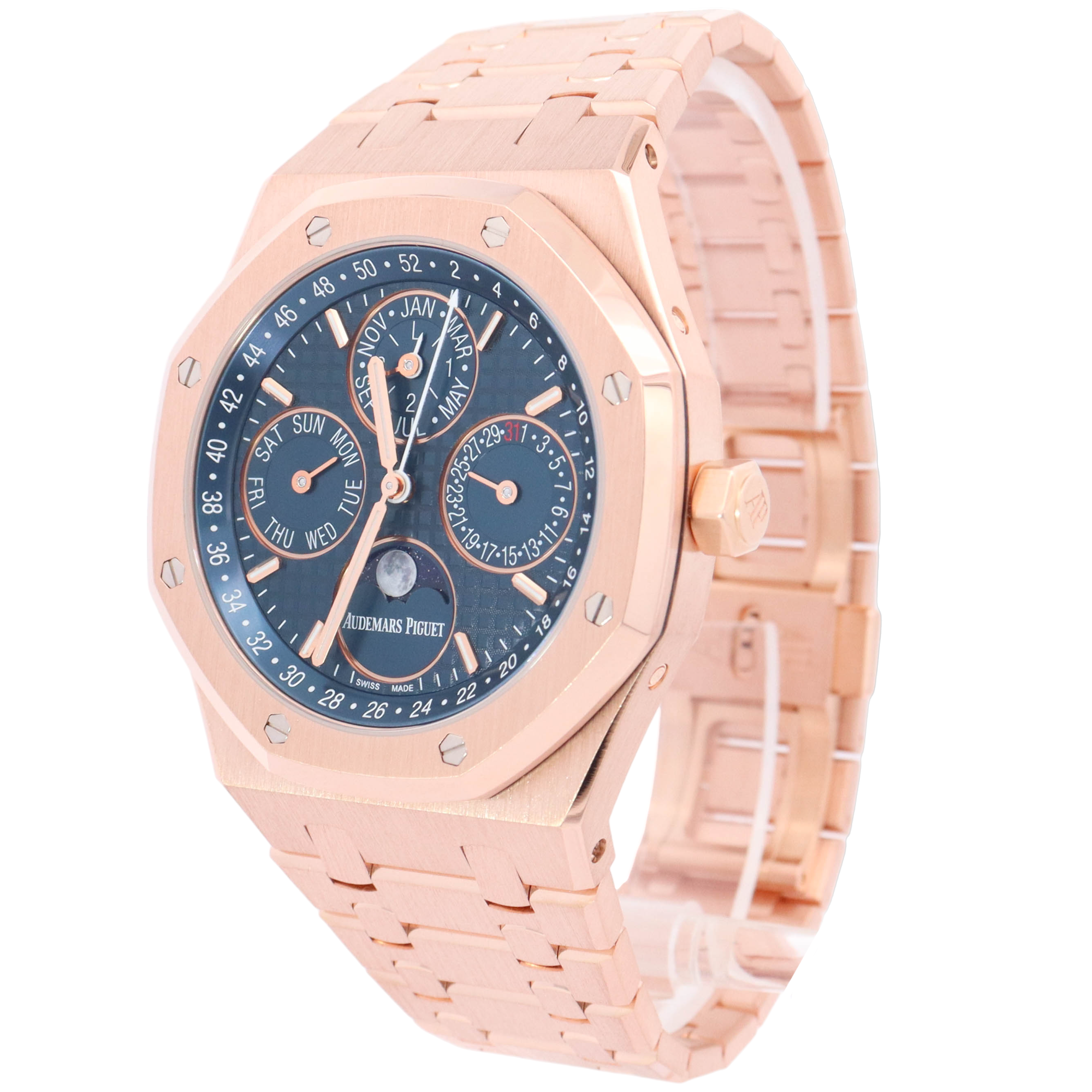 Audemars Piguet Royal Oak Perpetual Calendar 41mm Rose Gold Blue "Grande Tapisserie" Stick Dial Watch Reference# 26574OR.OO.1220OR.03 - Happy Jewelers Fine Jewelry Lifetime Warranty