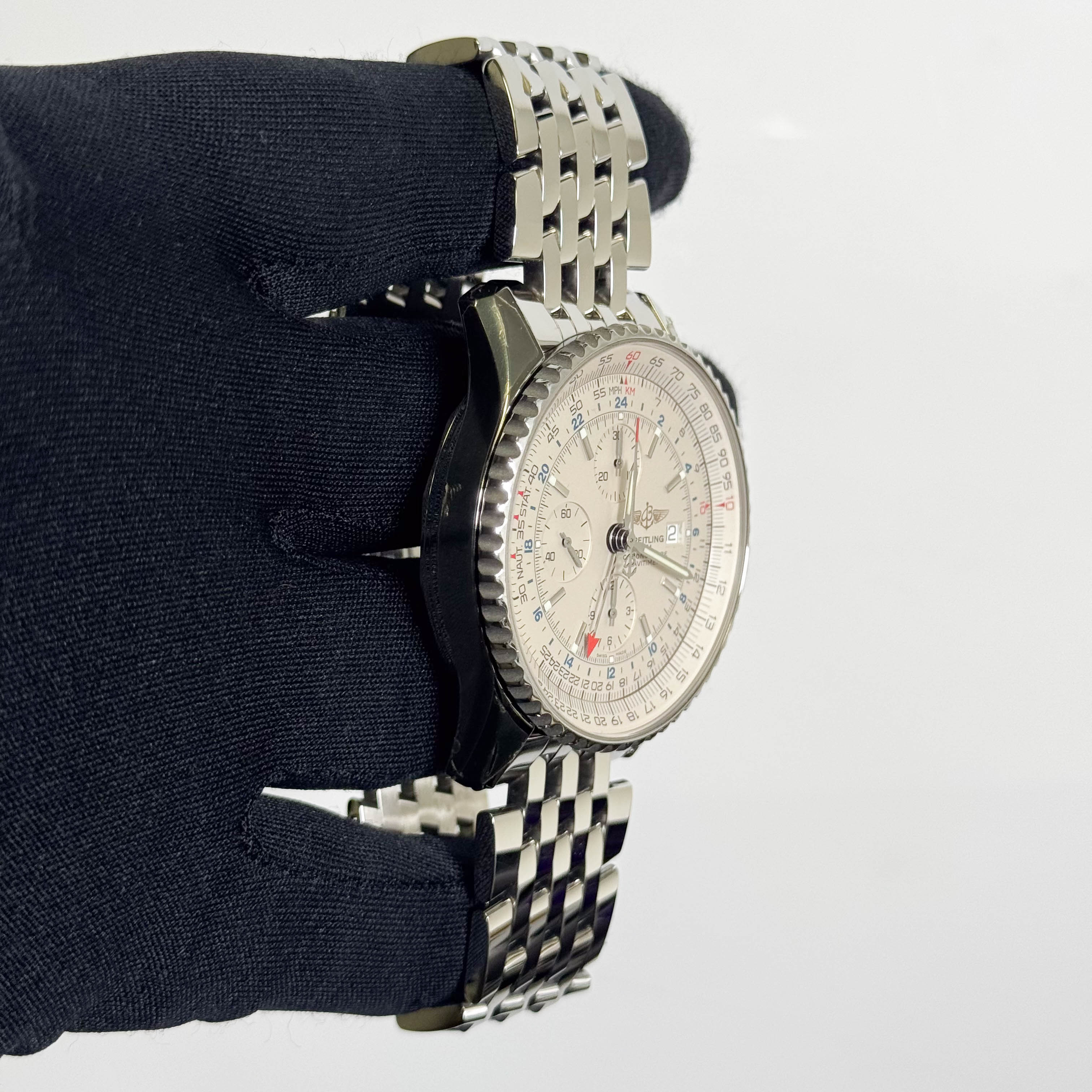 Breitling Navitimer World Stainless Steel 46mm White Chronograph Dial Watch Ref# A24322 - Happy Jewelers Fine Jewelry Lifetime Warranty