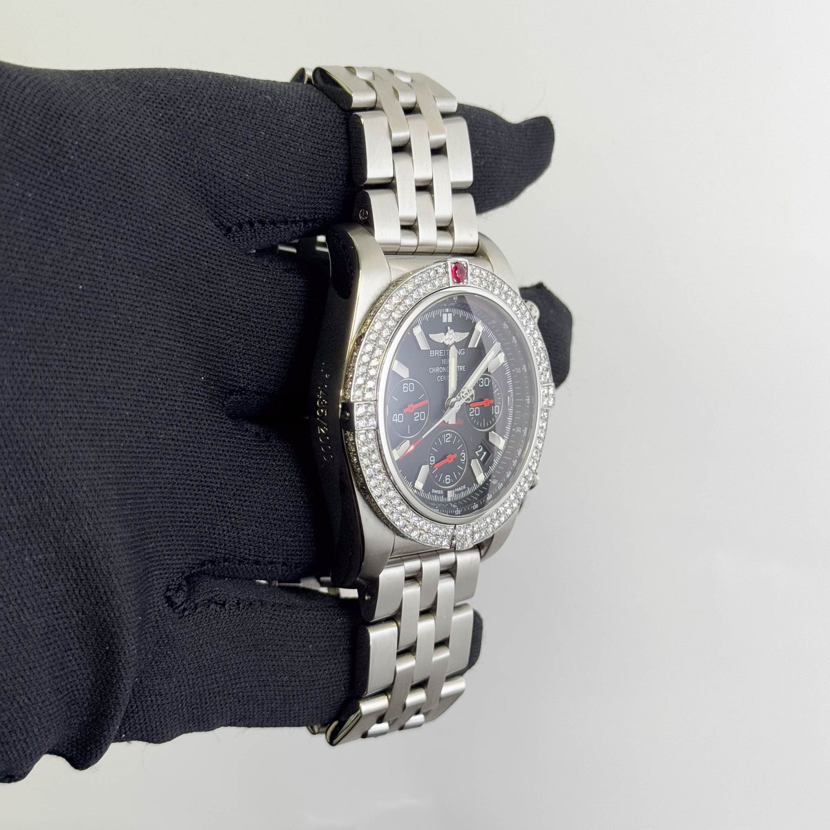 Breitling Chronomat 01 Steel 43.5mm Black Chronograph dial Watch Custom Diamond Bezel Steel Bracelet Ref# AB011110/BA50