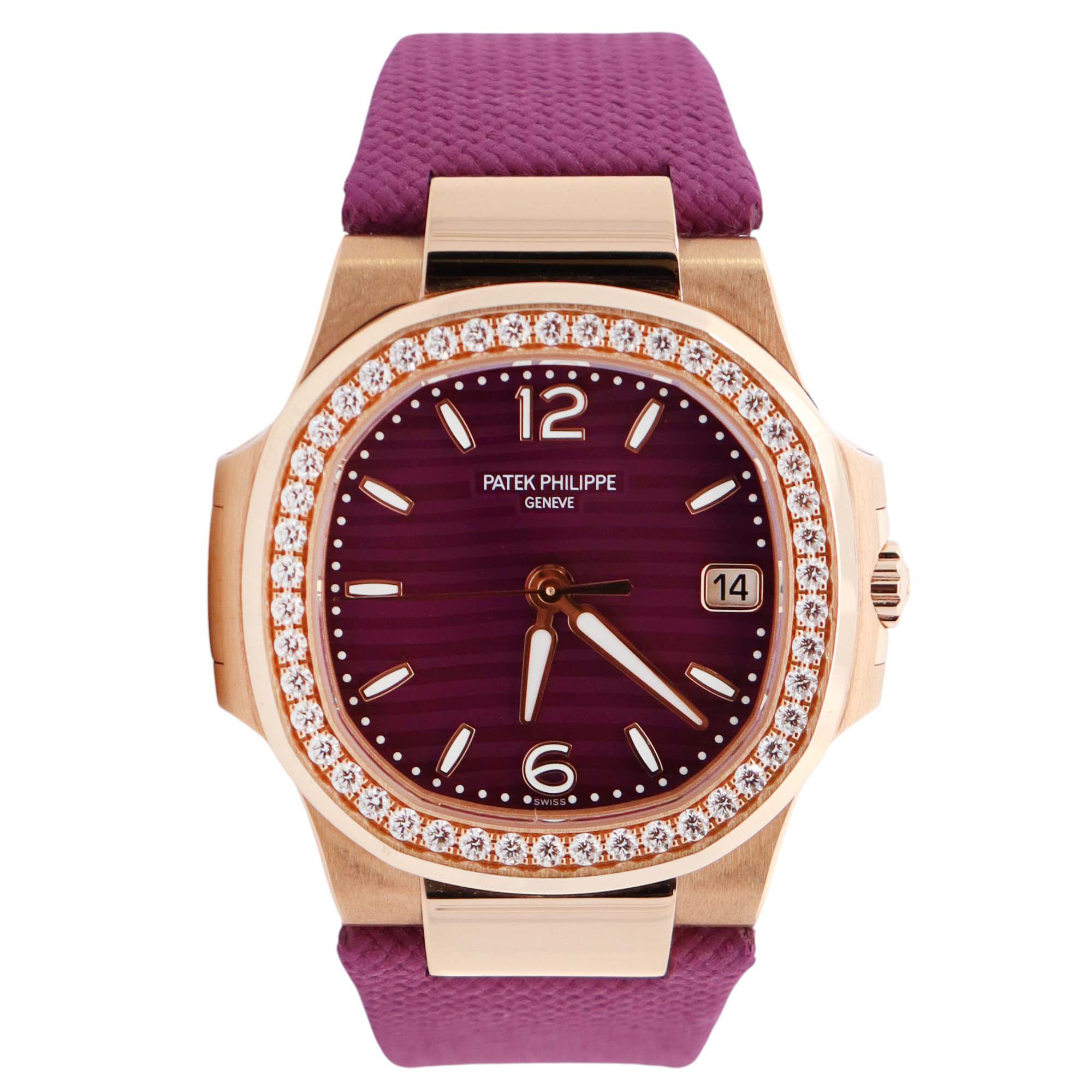 Patek Philippe Nautilus 32mm Purple Dial Watch Ref# 7010R-013 - Happy Jewelers Fine Jewelry Lifetime Warranty