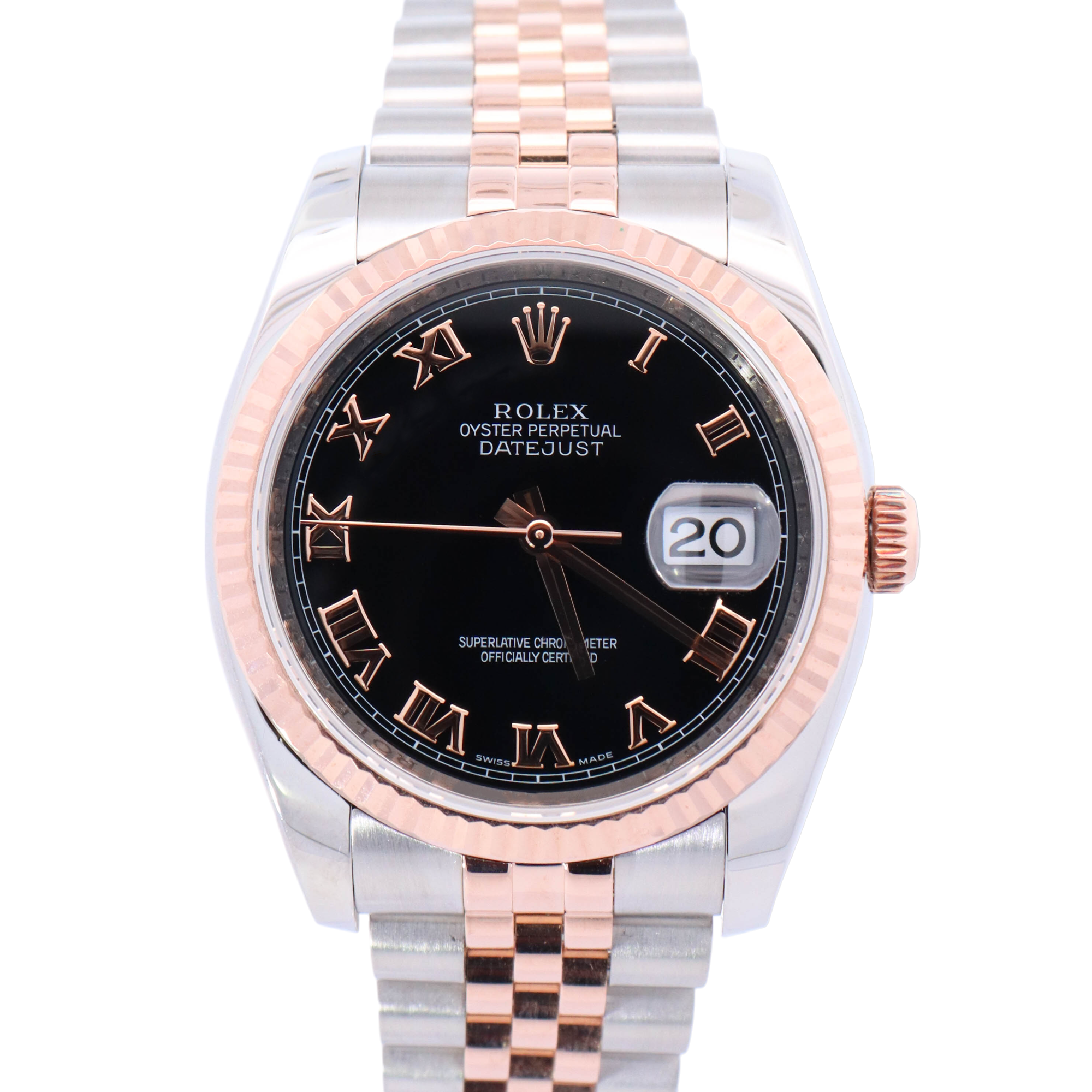 Rolex Datejust 36mm Rose Gold & Stainless Black Roman Dial Watch Reference# 116231 - Happy Jewelers Fine Jewelry Lifetime Warranty