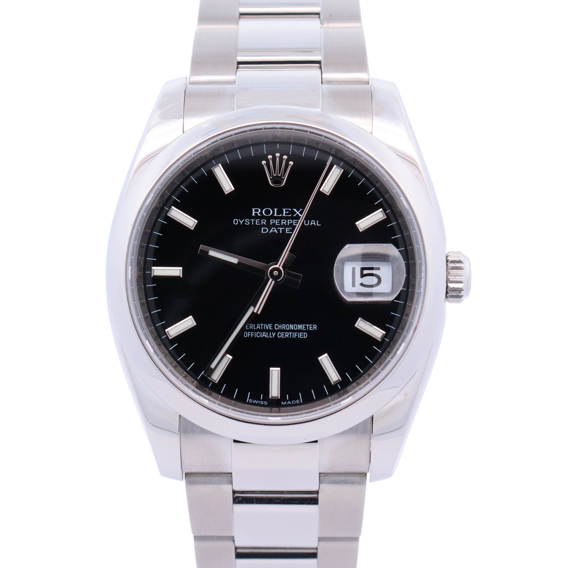 Rolex Oyster Perpetual Date 34mm Stainless Steel Black Stick Dial Watch Reference# 115200 - Happy Jewelers Fine Jewelry Lifetime Warranty