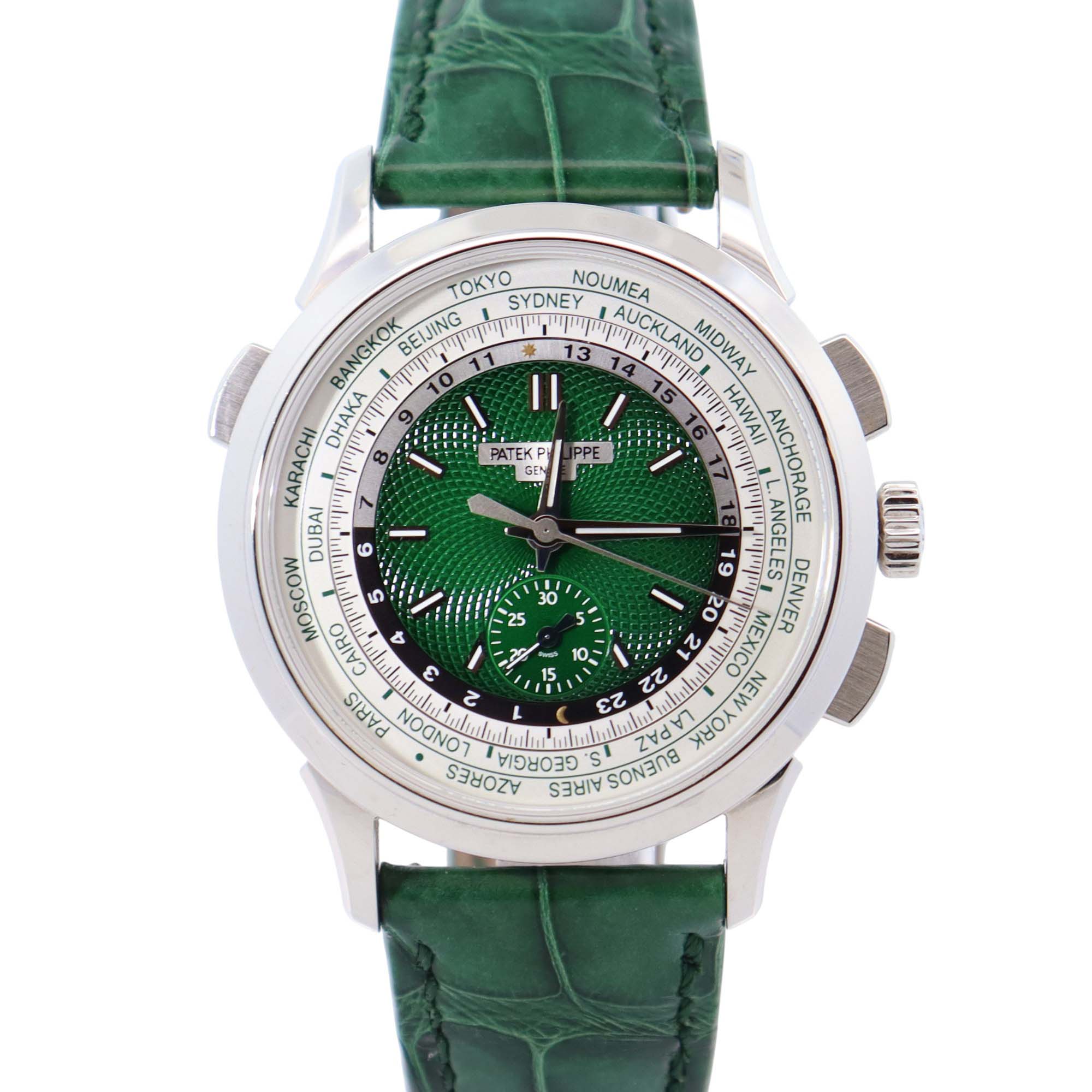 Patek Philippe World Time 39.5mm Green Dial Watch Ref# 5930P-001 - Happy Jewelers Fine Jewelry Lifetime Warranty