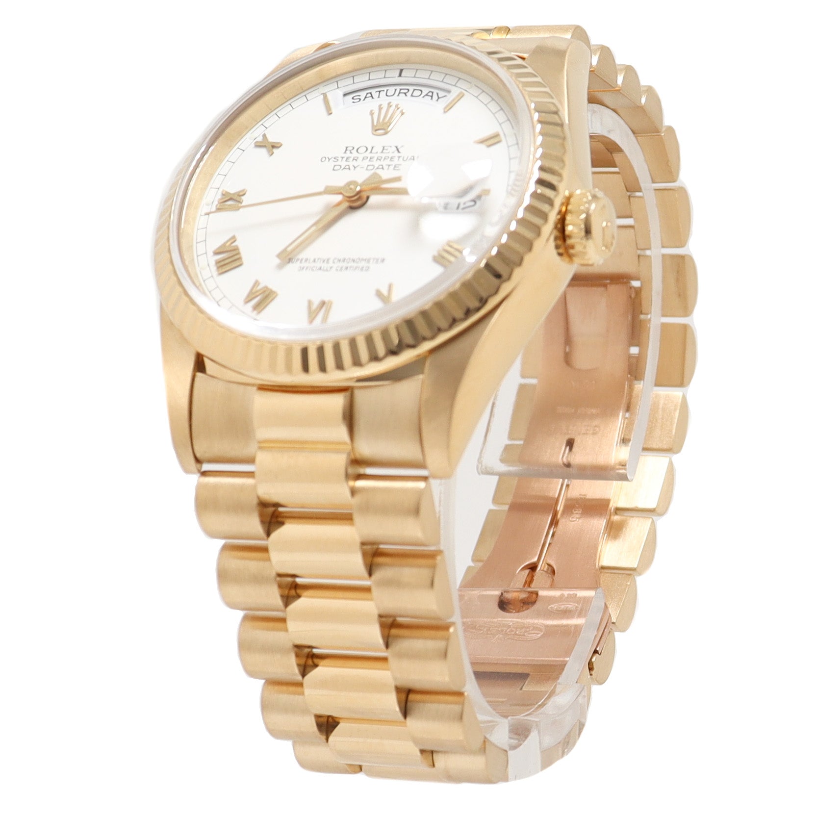 Rolex Day Date Yellow Gold 36mm White Roman Dial Watch Reference# 18238 - Happy Jewelers Fine Jewelry Lifetime Warranty