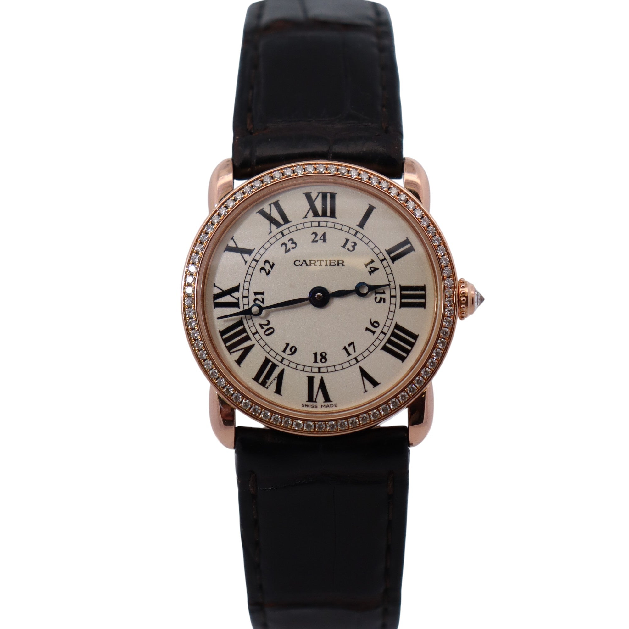 Cartier Ronde Louis 28mm 18K Rose Gold Cream Roman Dial Watch Factory Diamond Bezel With Black Leather Strap REF# 2886 - Happy Jewelers Fine Jewelry Lifetime Warranty