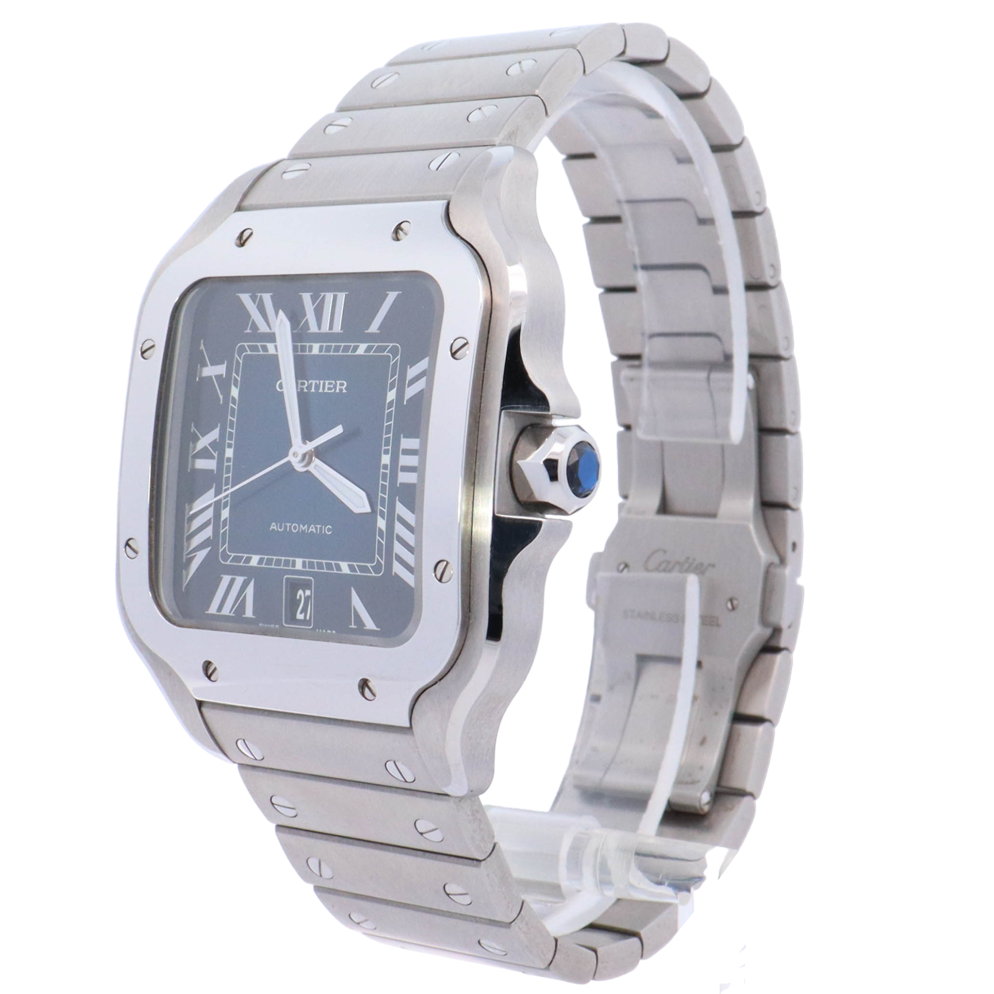 Cartier Santos 40mm Stainless Steel Blue Roman Dial Watch Reference# WSSA0030 - Happy Jewelers Fine Jewelry Lifetime Warranty