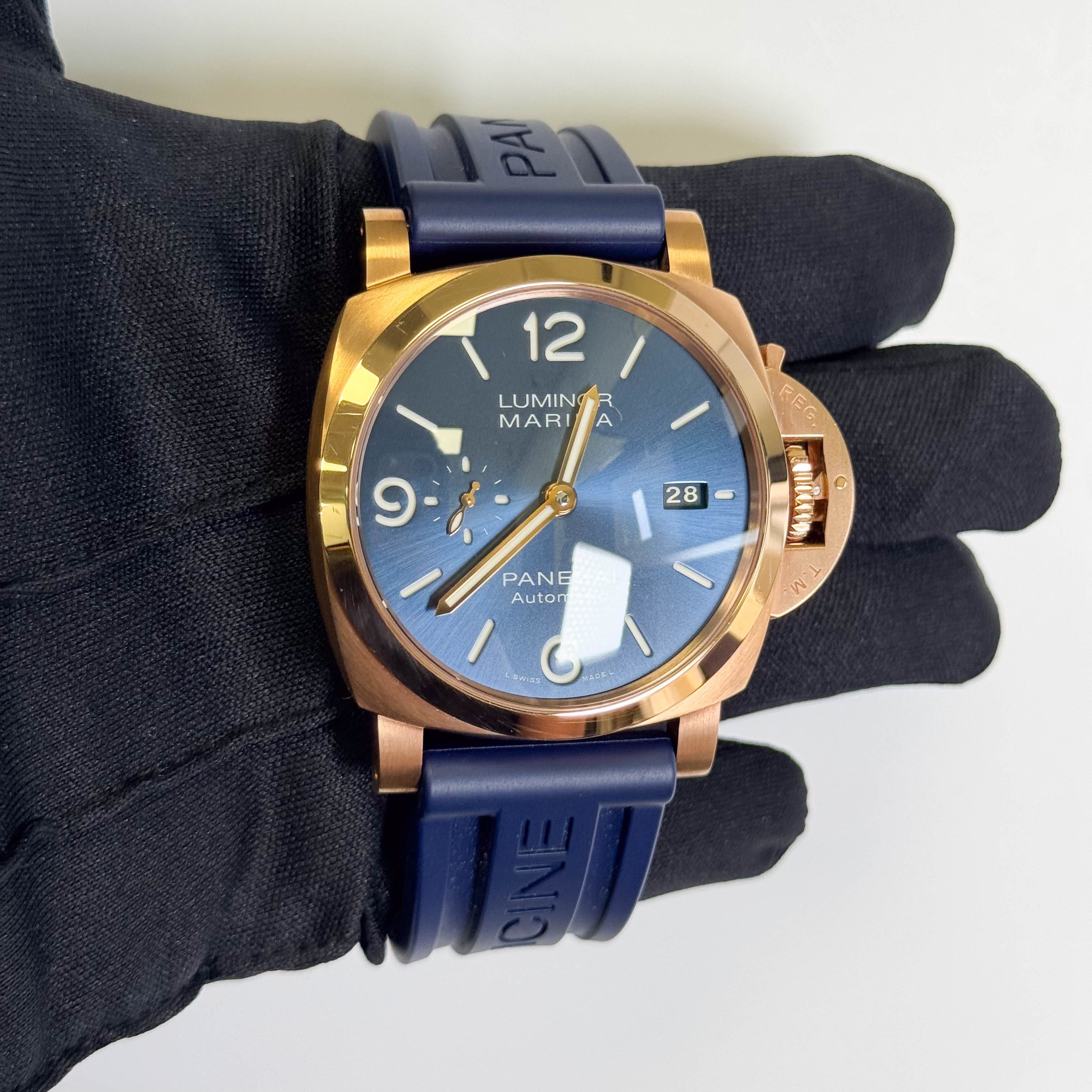 Panerai Luminor Marina Goldtech 44mm Blue Dial Watch Ref# PAM01112 - Happy Jewelers Fine Jewelry Lifetime Warranty