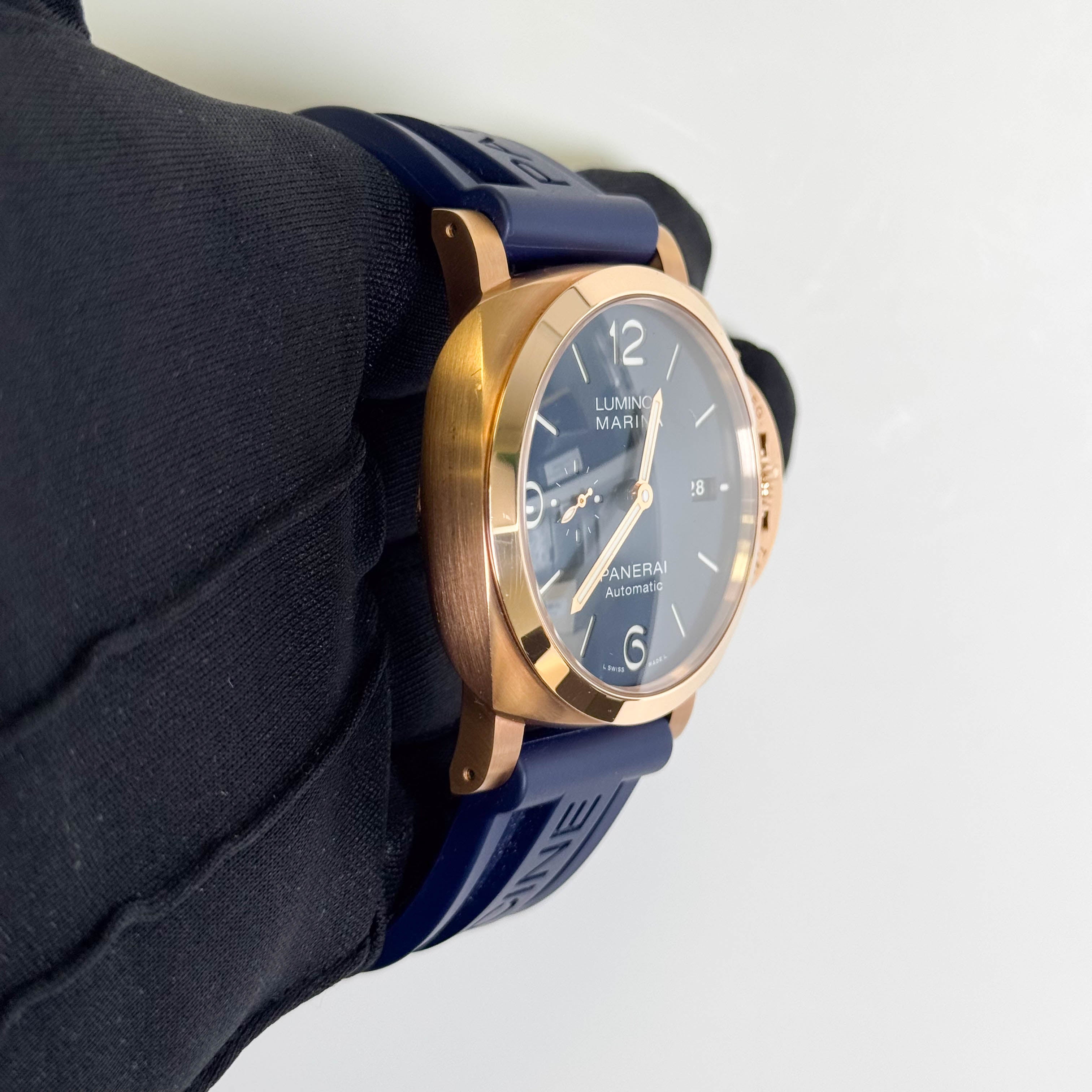 Panerai Luminor Marina Goldtech 44mm Blue Dial Watch Ref# PAM01112 - Happy Jewelers Fine Jewelry Lifetime Warranty