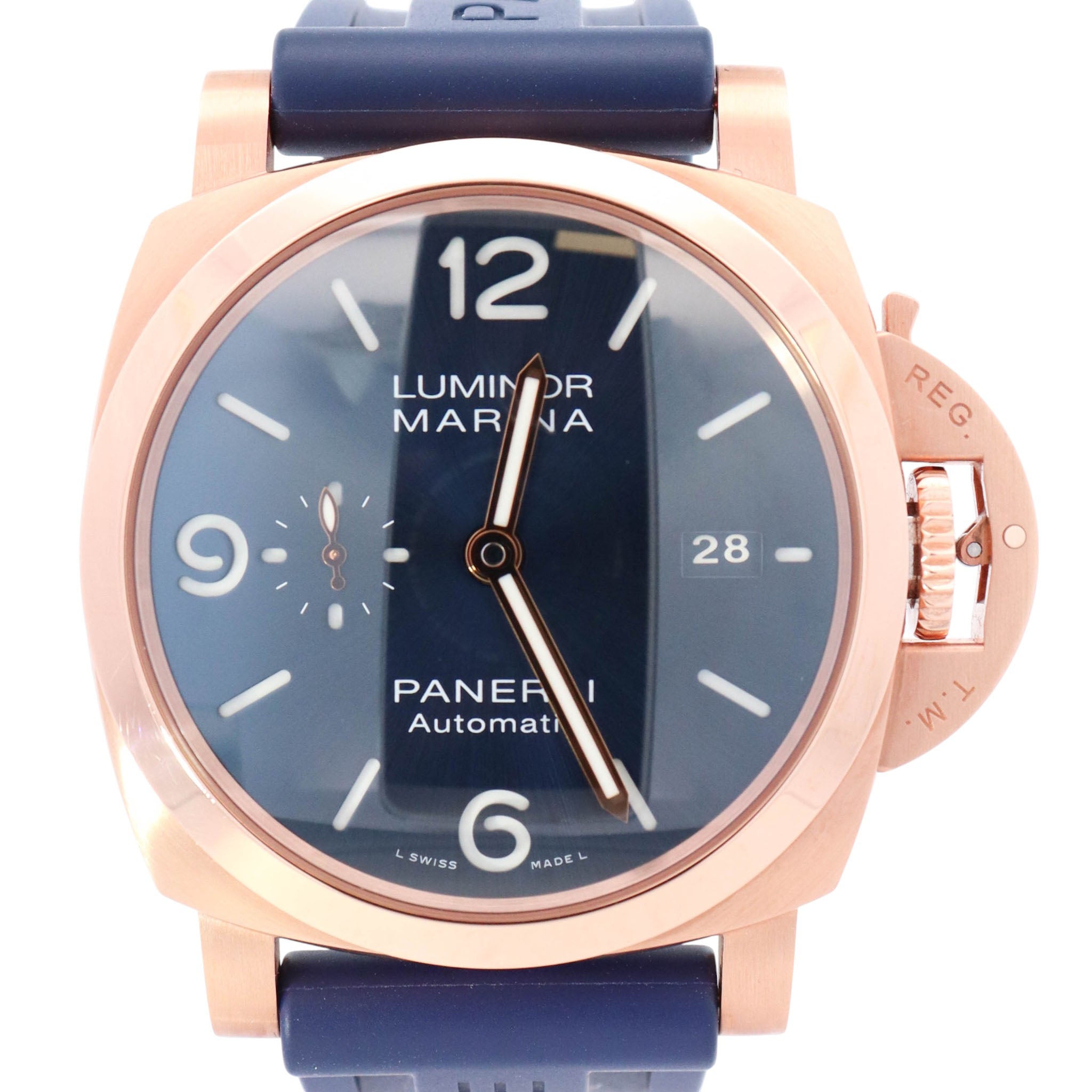 Panerai Luminor Marina Goldtech 44mm Blue Dial Watch Ref# PAM01112 - Happy Jewelers Fine Jewelry Lifetime Warranty
