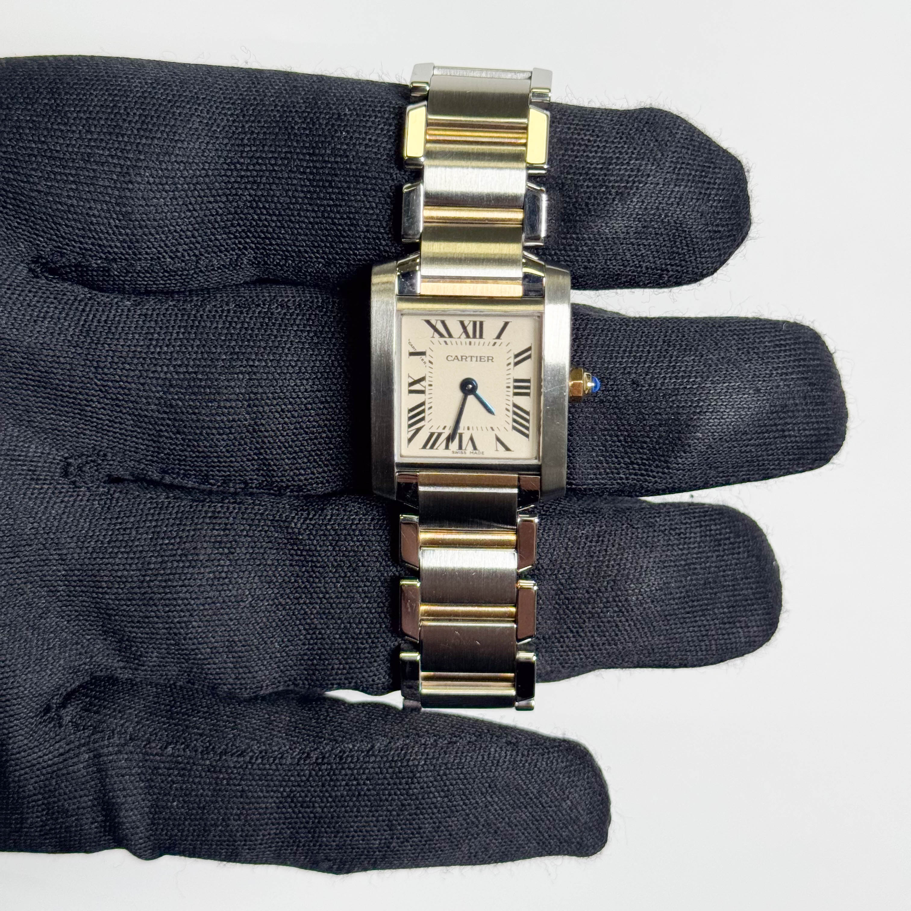 Cartier Tank Two-Tone Yellow Gold & Steel 25x20mm White Dial Watch Ref# W51007Q4 - Happy Jewelers Fine Jewelry Lifetime Warranty