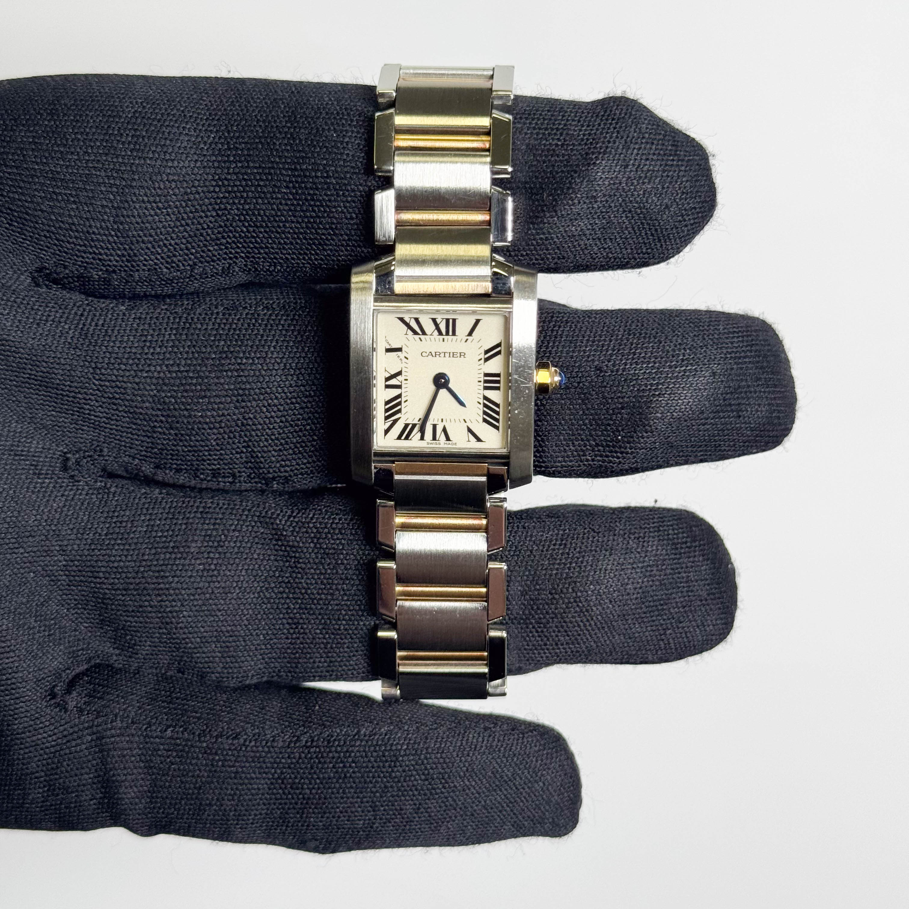 Cartier Tank Two-Tone Yellow Gold & Steel 25x20mm White Dial Watch Ref# W51007Q4 - Happy Jewelers Fine Jewelry Lifetime Warranty