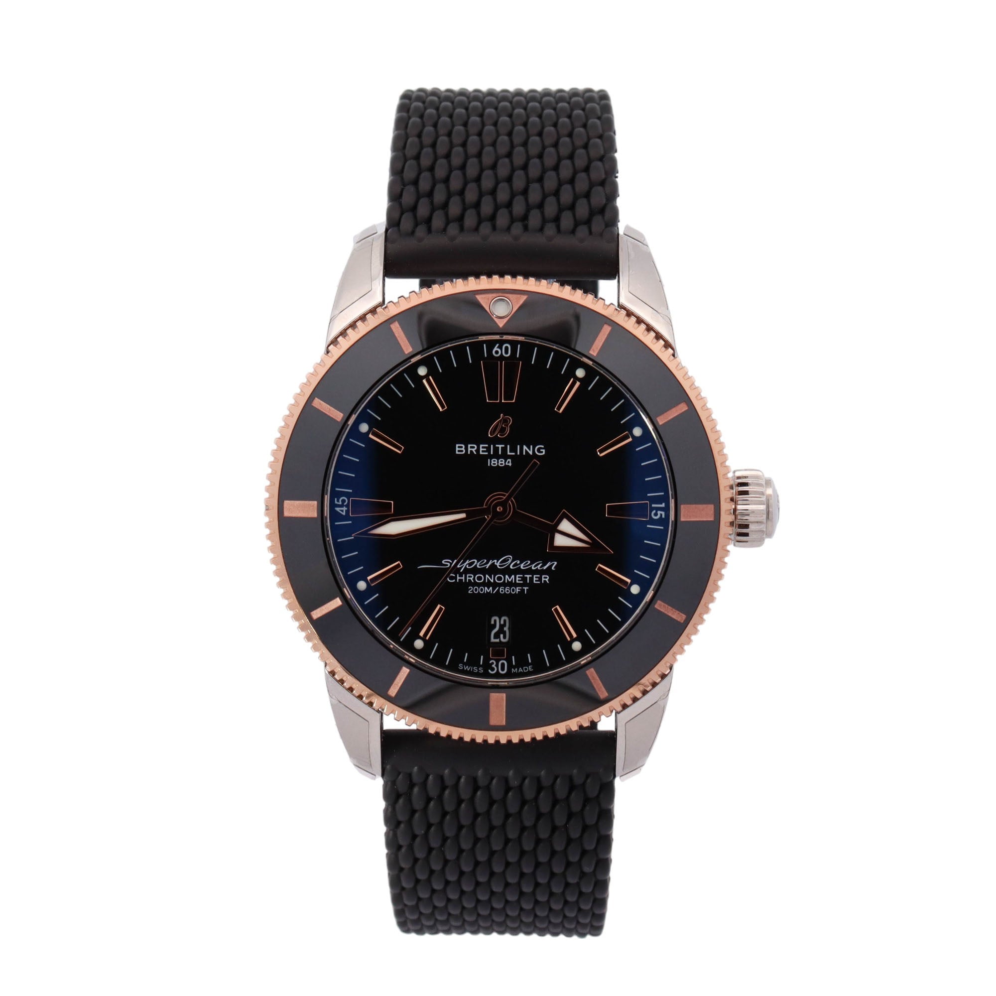 Breitling Superocean Two Tone Steel and Rose Gold 44mm Black Stick Dial Watch Reference# UB2030 - Happy Jewelers Fine Jewelry Lifetime Warranty
