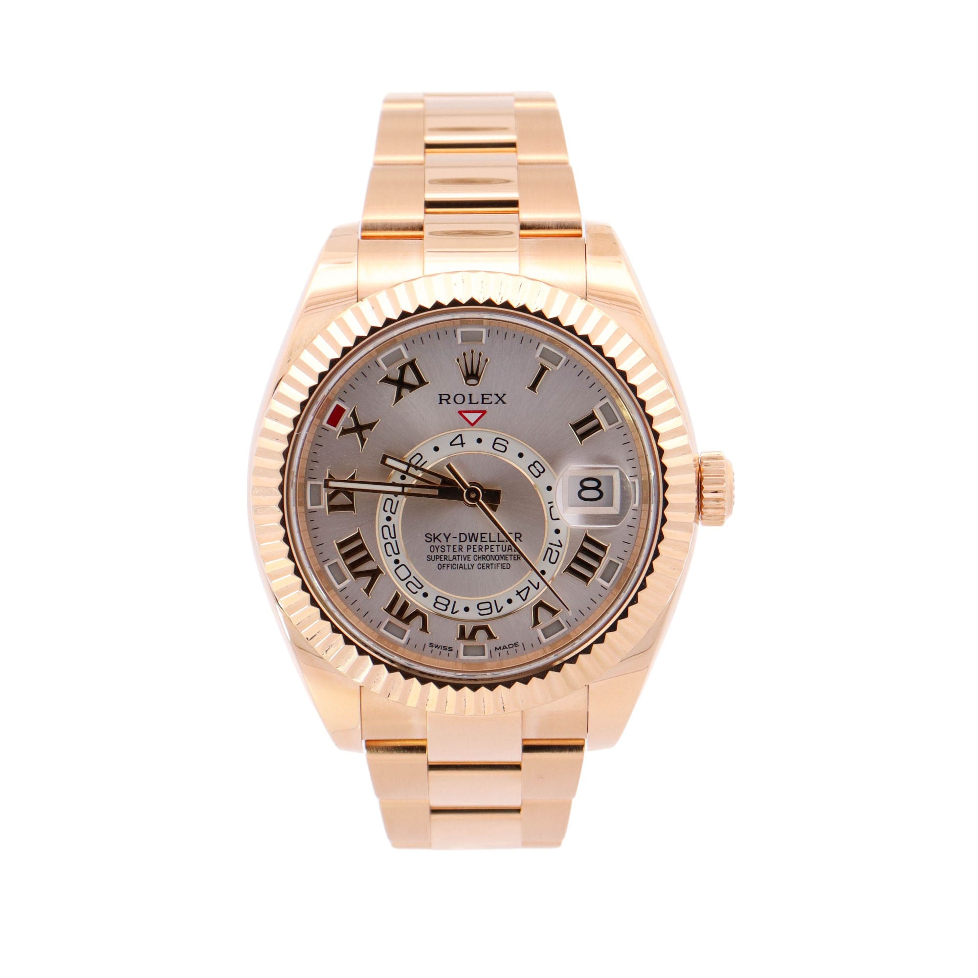 Rolex SkyDweller 42mm Yellow Gold Silver Roman Dial Watch Reference #: 326938 - Happy Jewelers Fine Jewelry Lifetime Warranty