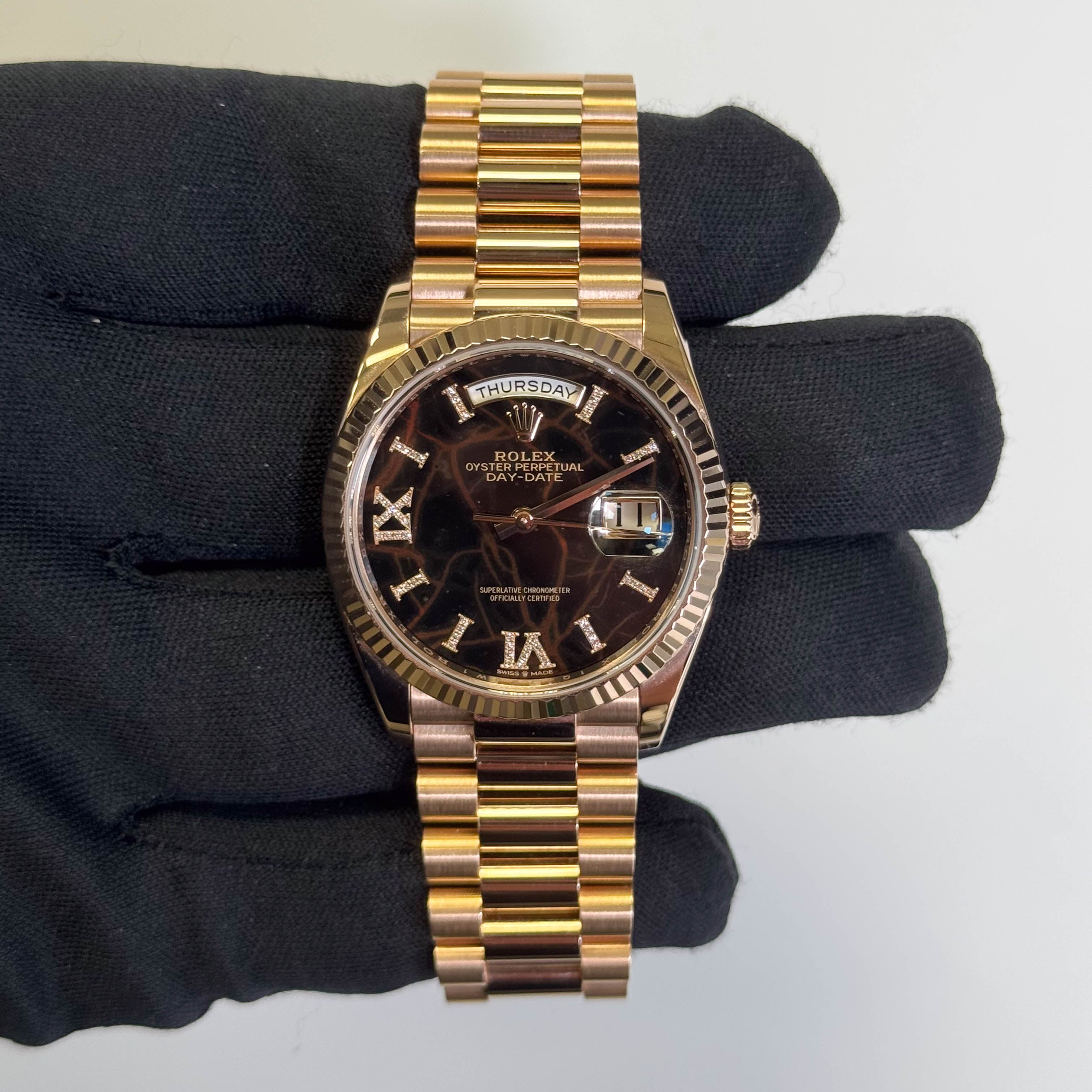 Rolex Day-Date 36mm Eisenkiesel Diamond Roman Dial Watch Ref# 128235