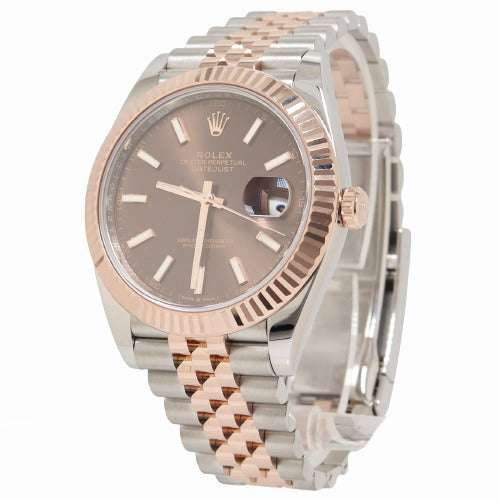 Rolex Mens Datejust Everose & Stainless Steel 41mm Chocolate Stick Dial Watch Reference# 126331 - Happy Jewelers Fine Jewelry Lifetime Warranty