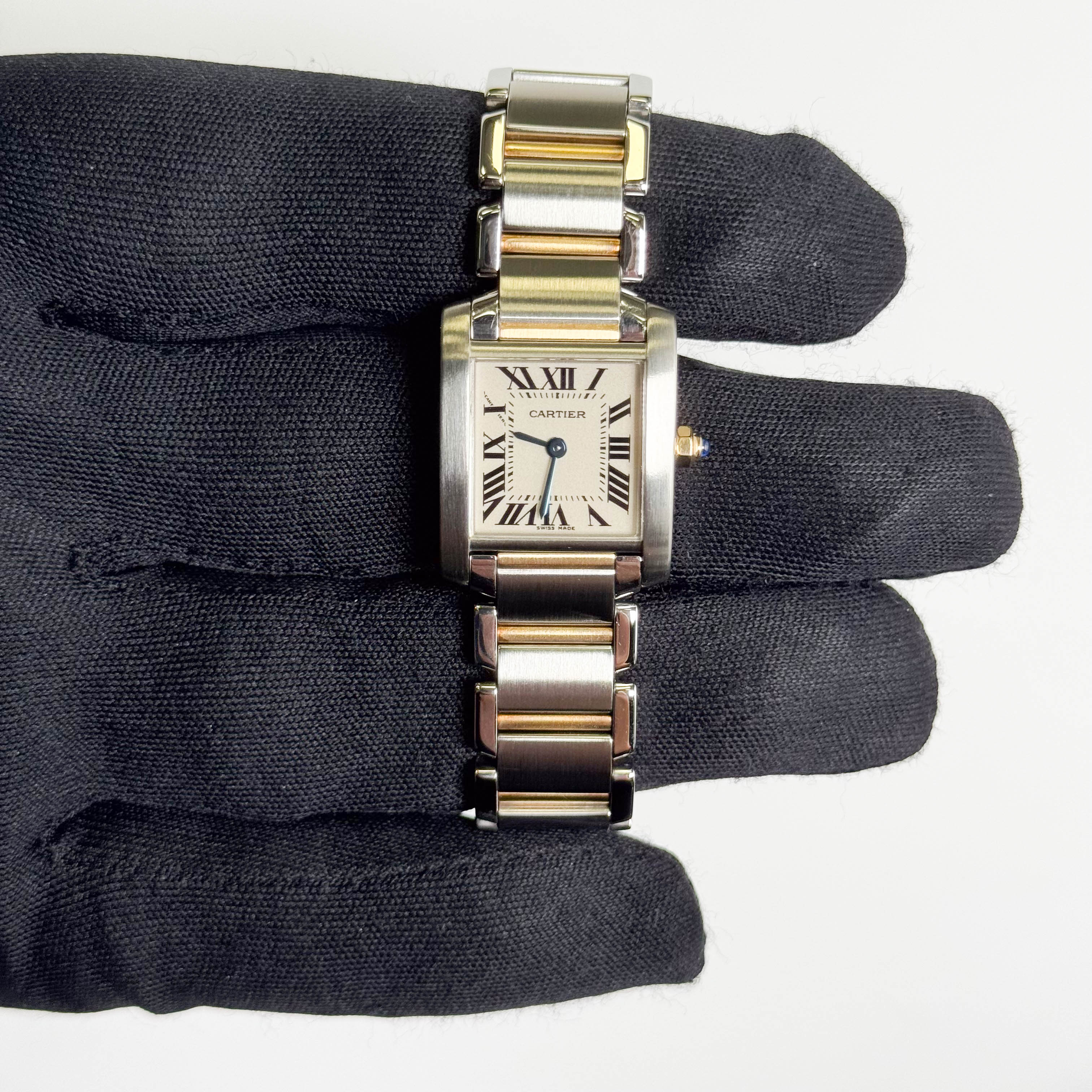 Cartier Tank Two-Tone Yellow Gold & Steel 25x20mm White Dial Watch Ref# W51007Q4 - Happy Jewelers Fine Jewelry Lifetime Warranty