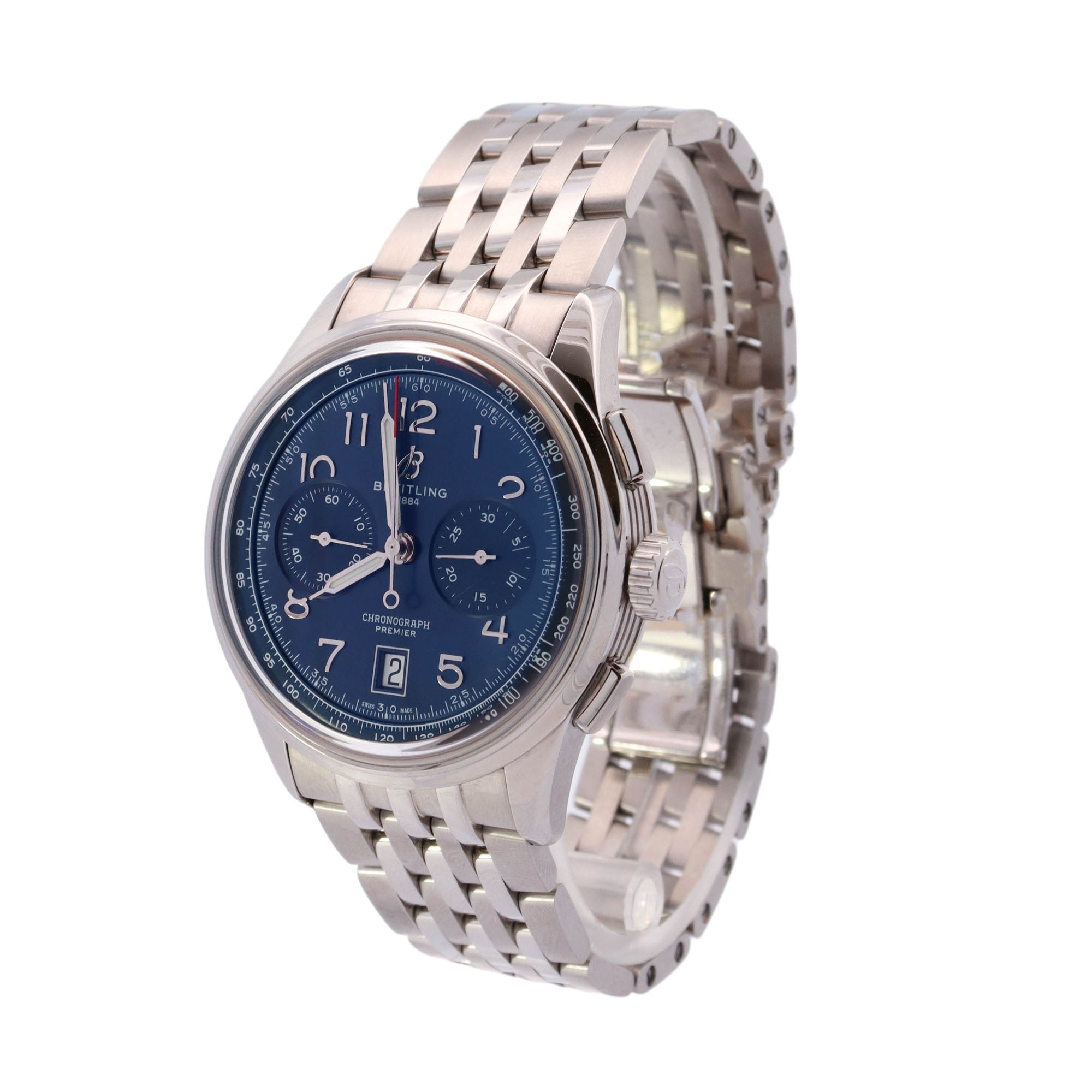 Breitling Premier Stainless Steel 42mm Blue Chronograph Dial Watch Reference# AB0145 - Happy Jewelers Fine Jewelry Lifetime Warranty