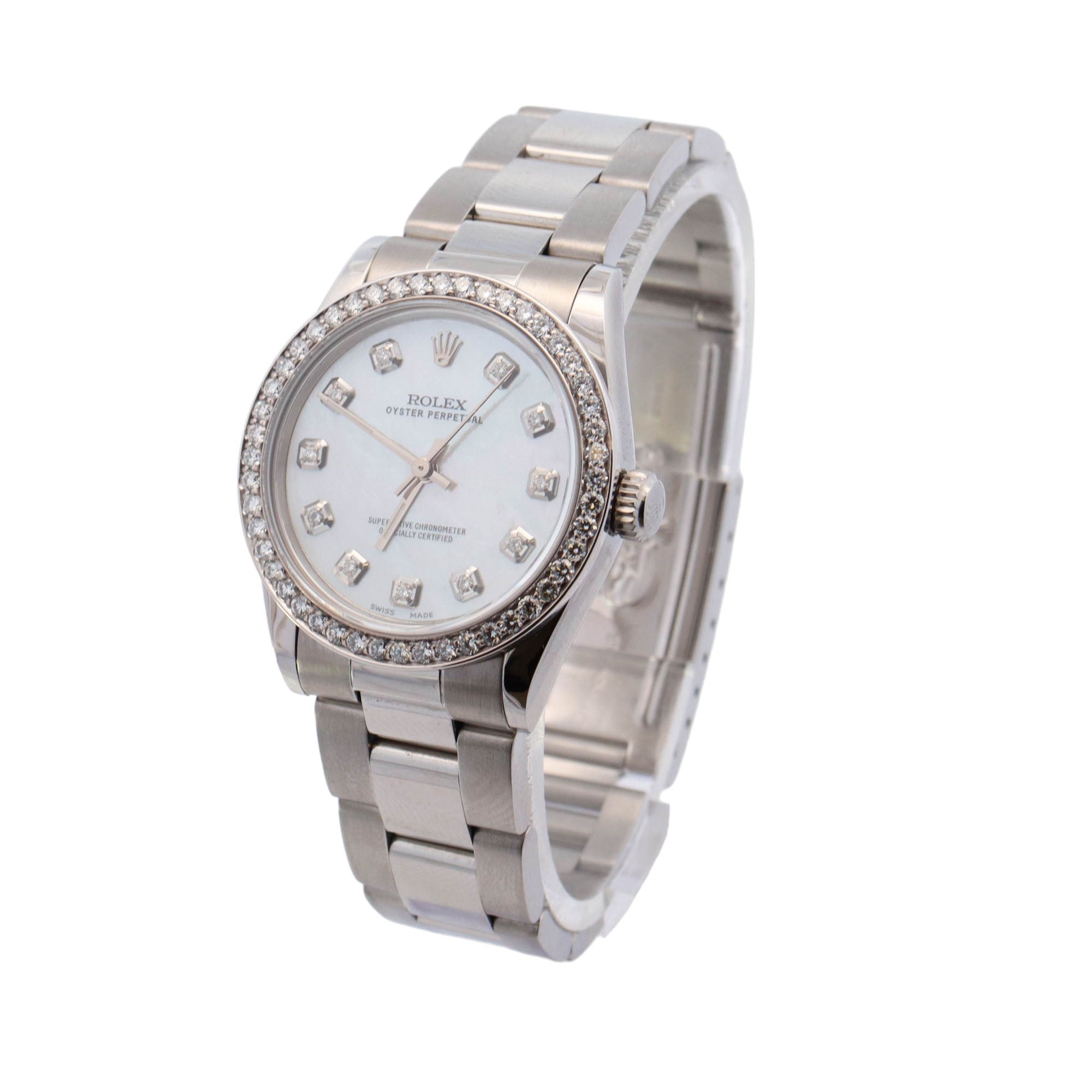 Rolex Oyster Perpetual Stainless Steel 31mm MOP Diamond Dot Dial Watch Reference #: 67480 - Happy Jewelers Fine Jewelry Lifetime Warranty