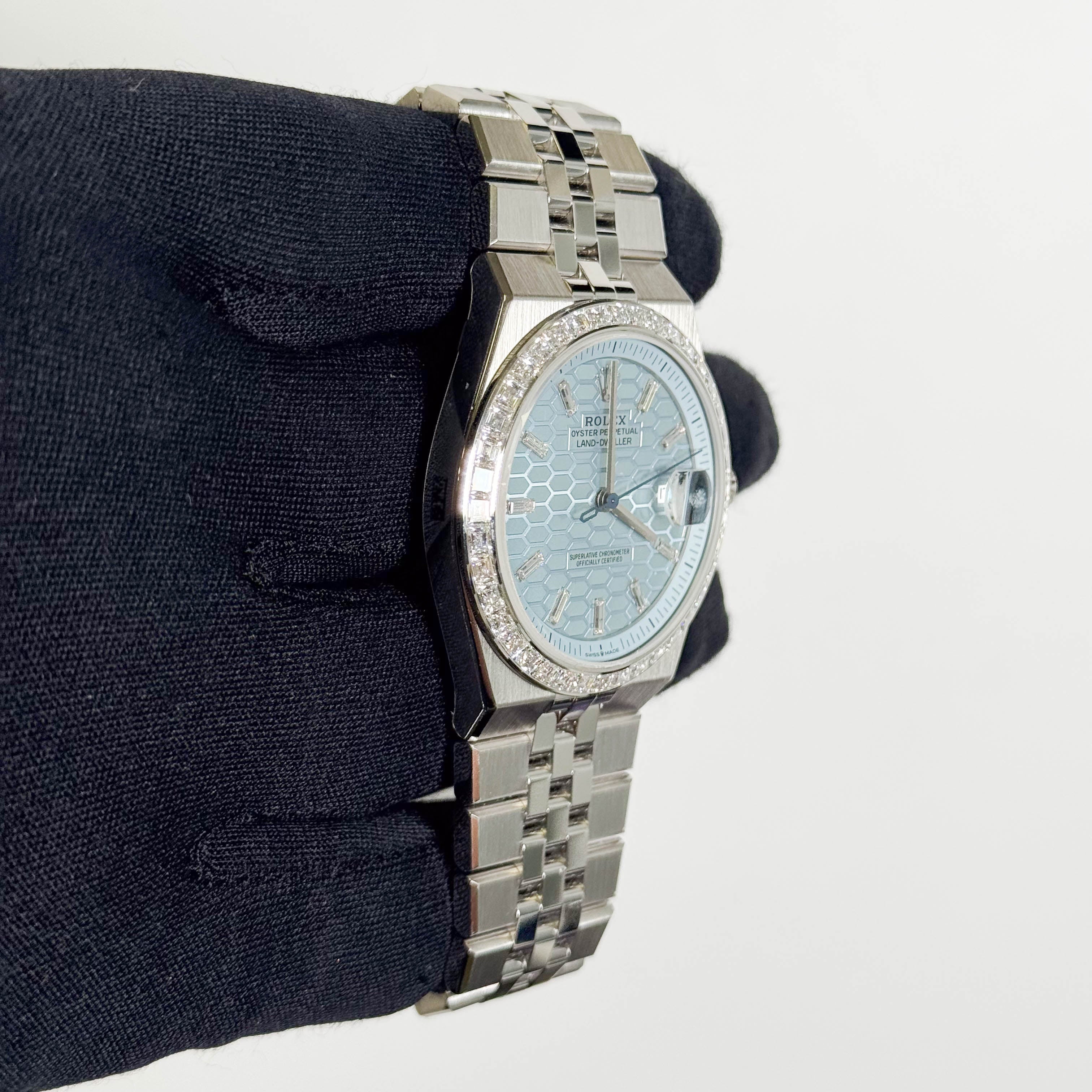 Rolex Land-Dweller Platinum 40mm Ice Blue Honeycomb Dial Watch Ref# 127386TBR - Happy Jewelers Fine Jewelry Lifetime Warranty