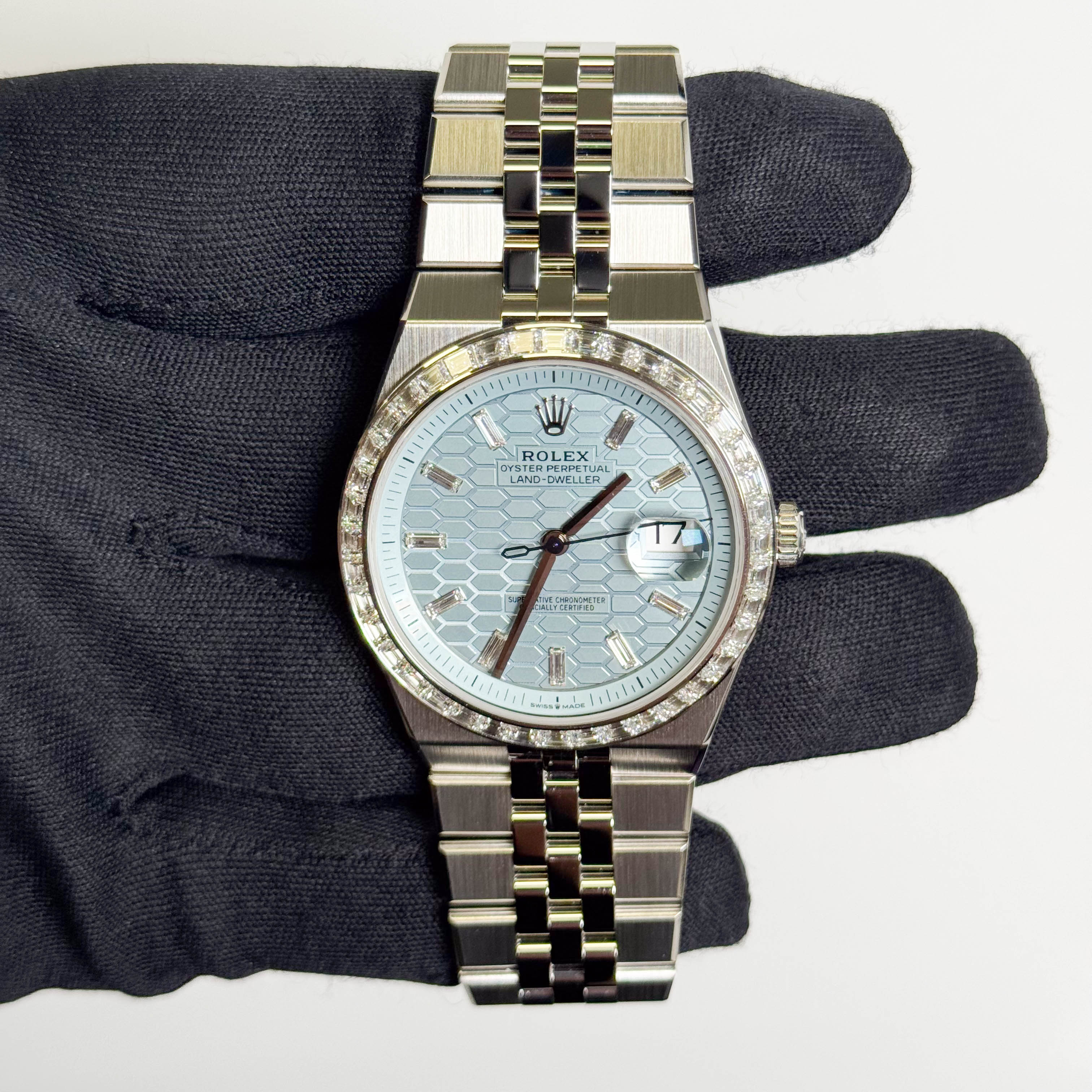 Rolex Land-Dweller Platinum 40mm Ice Blue Honeycomb Dial Watch Ref# 127386TBR - Happy Jewelers Fine Jewelry Lifetime Warranty