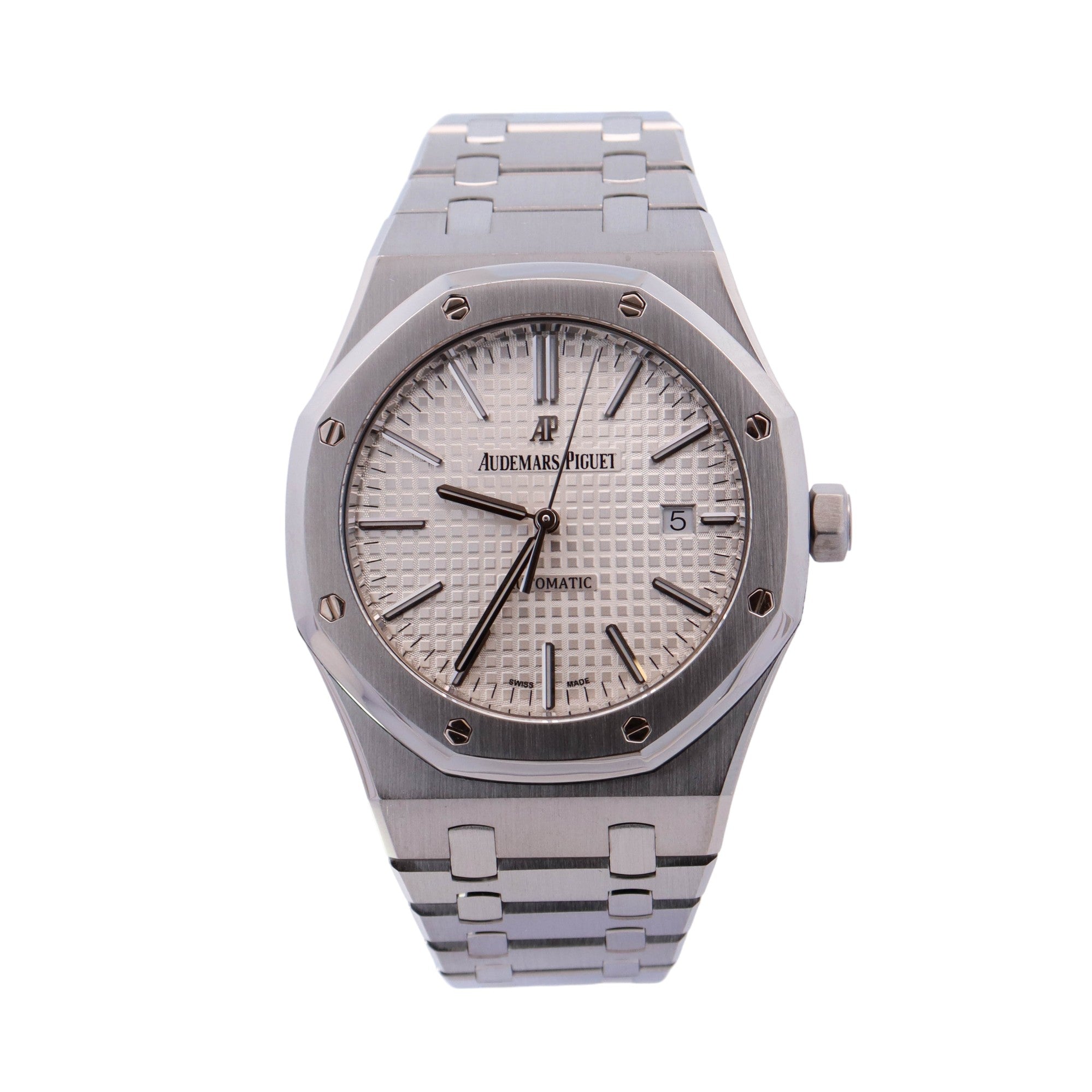Audemars Piguet Men's Royal Oak Stainless Steel 41mm White "Grand Tappiserie" Stick Dial Watch Reference #: 15400ST.OO.1220ST.02 - Happy Jewelers Fine Jewelry Lifetime Warranty