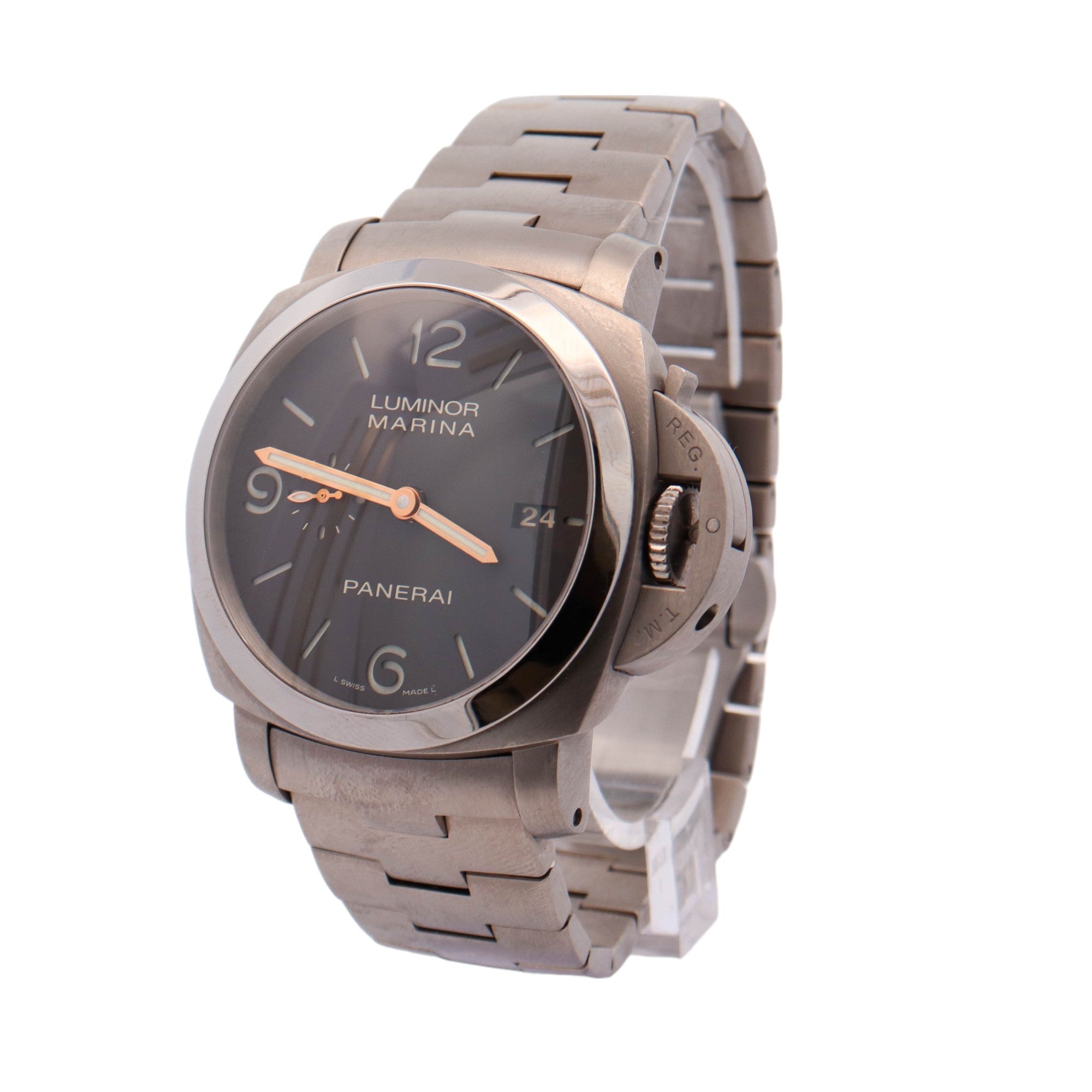 Panerai Luminor Marina Titanium 44mm Brown Roman & Stick Dial Watch Reference# PAM00352 - Happy Jewelers Fine Jewelry Lifetime Warranty