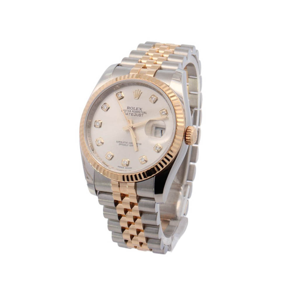 Rolex Datejust Two Tone Yellow Gold & Steel 36mm Silver Diamond Dial Watch Reference #: 116233 - Happy Jewelers Fine Jewelry Lifetime Warranty