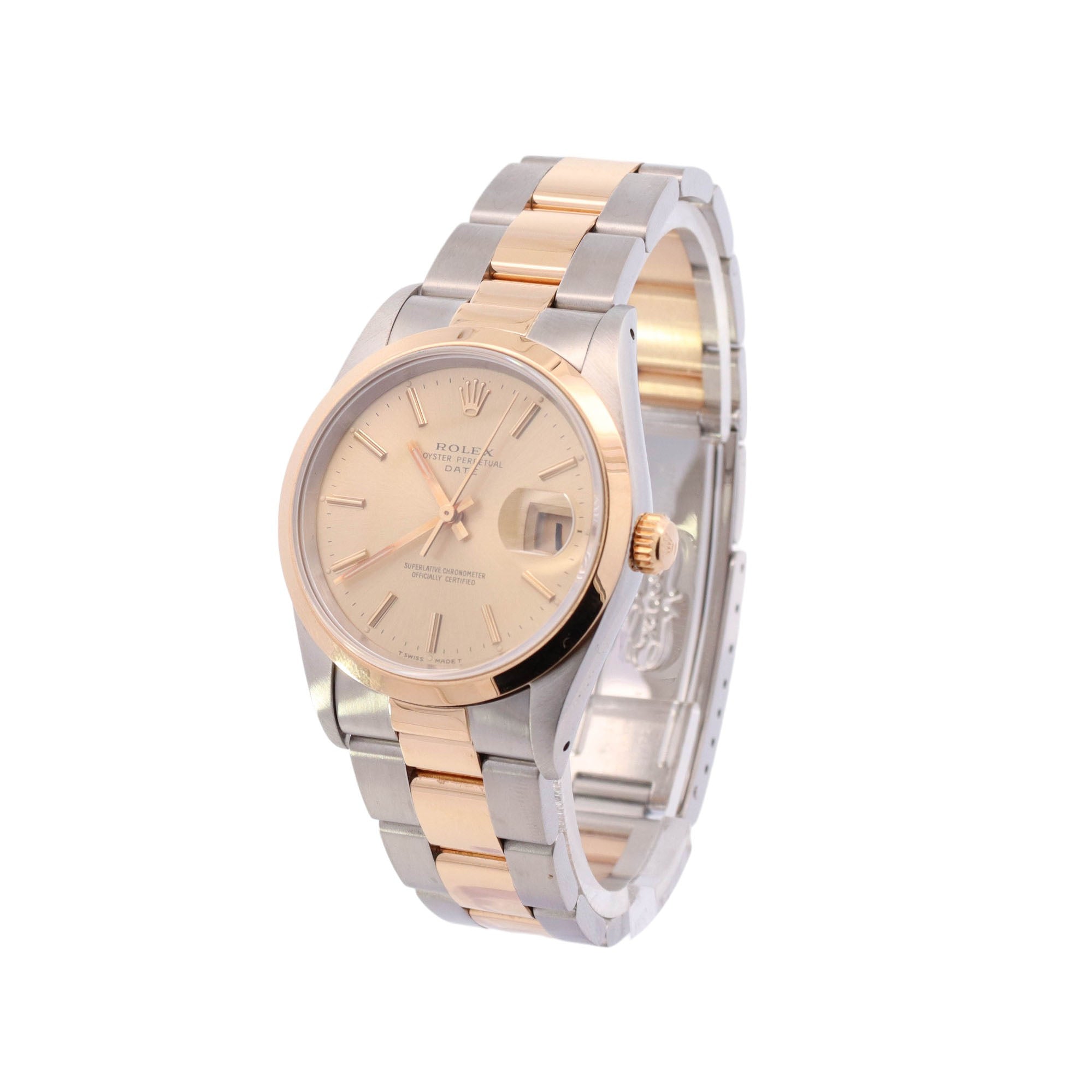 Rolex Oyster Perpetual Date Two Tone Yellow Gold & Steel 34mm Champagne Stick Dial Watch Reference# 15203 - Happy Jewelers Fine Jewelry Lifetime Warranty