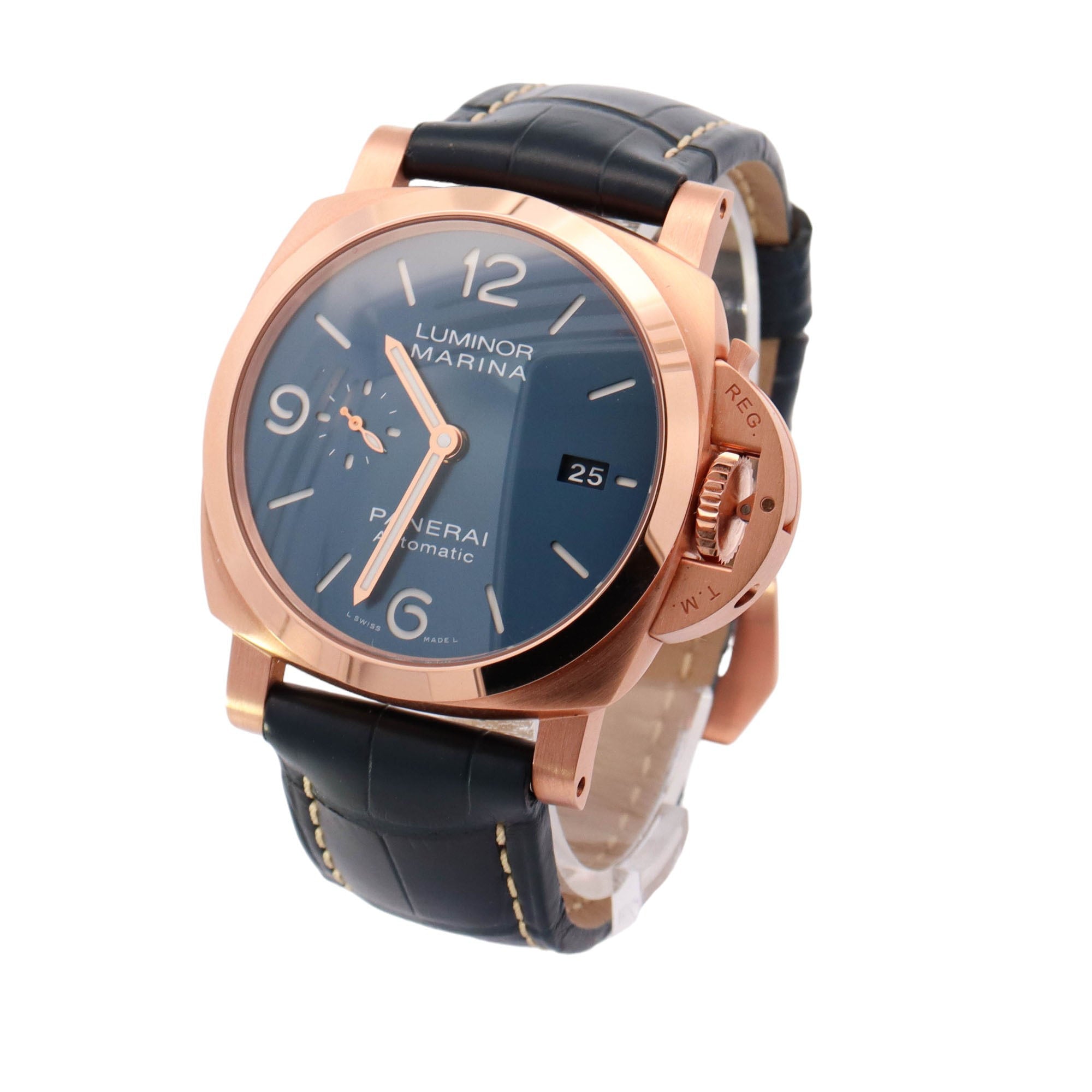 Panerai Luminor Rose Gold 44mm Blue Roman & Stick Dial Watch Reference# PAM01112 - Happy Jewelers Fine Jewelry Lifetime Warranty