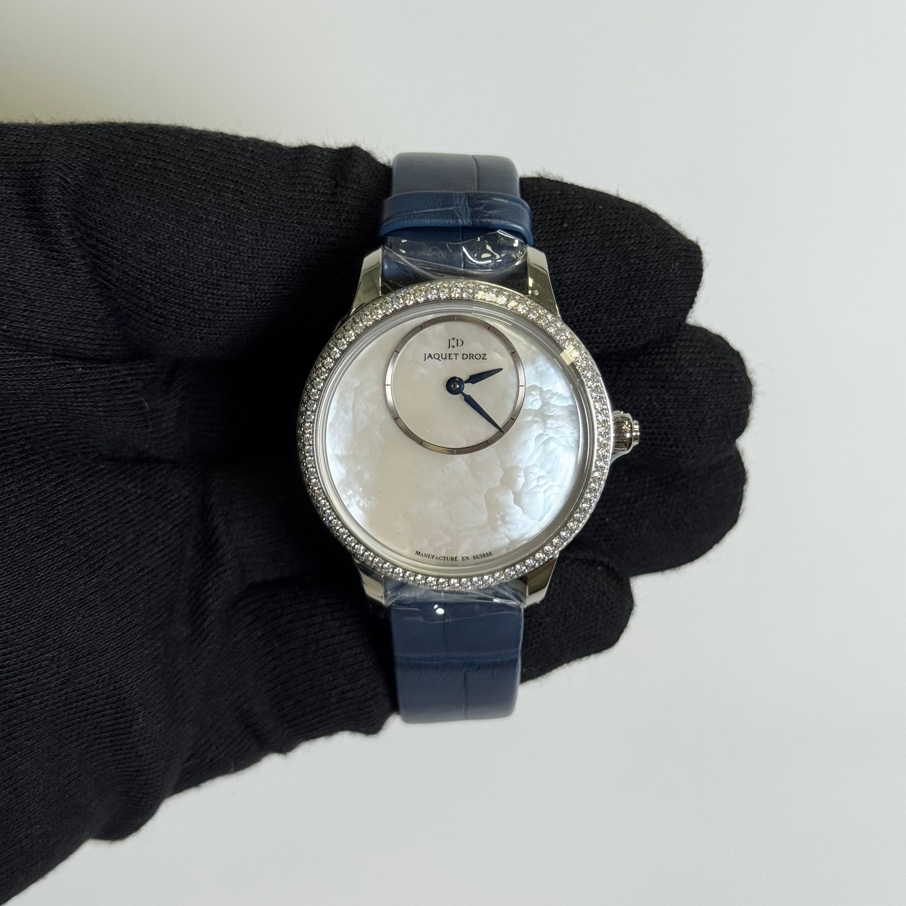 Jaquet Droz Petite Heure Minute 35mm White MOP Dial Watch Ref# J005000274 - Happy Jewelers Fine Jewelry Lifetime Warranty