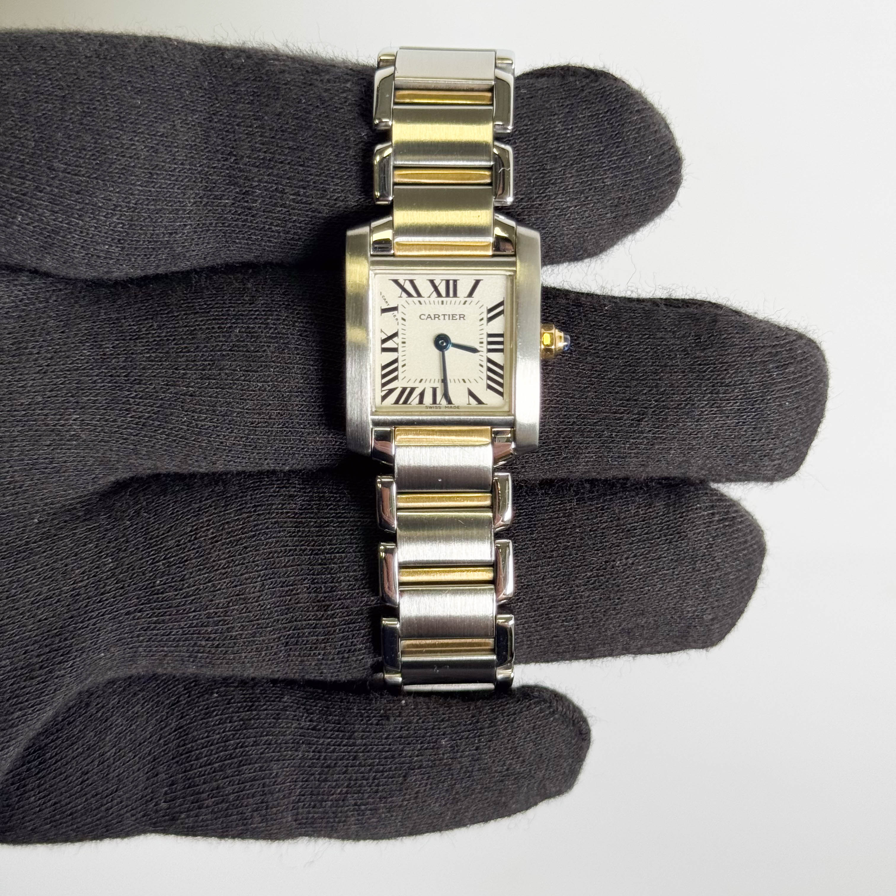 Cartier Tank Two-Tone Yellow Gold & Steel 25x20mm White Dial Watch Ref# W51007Q4