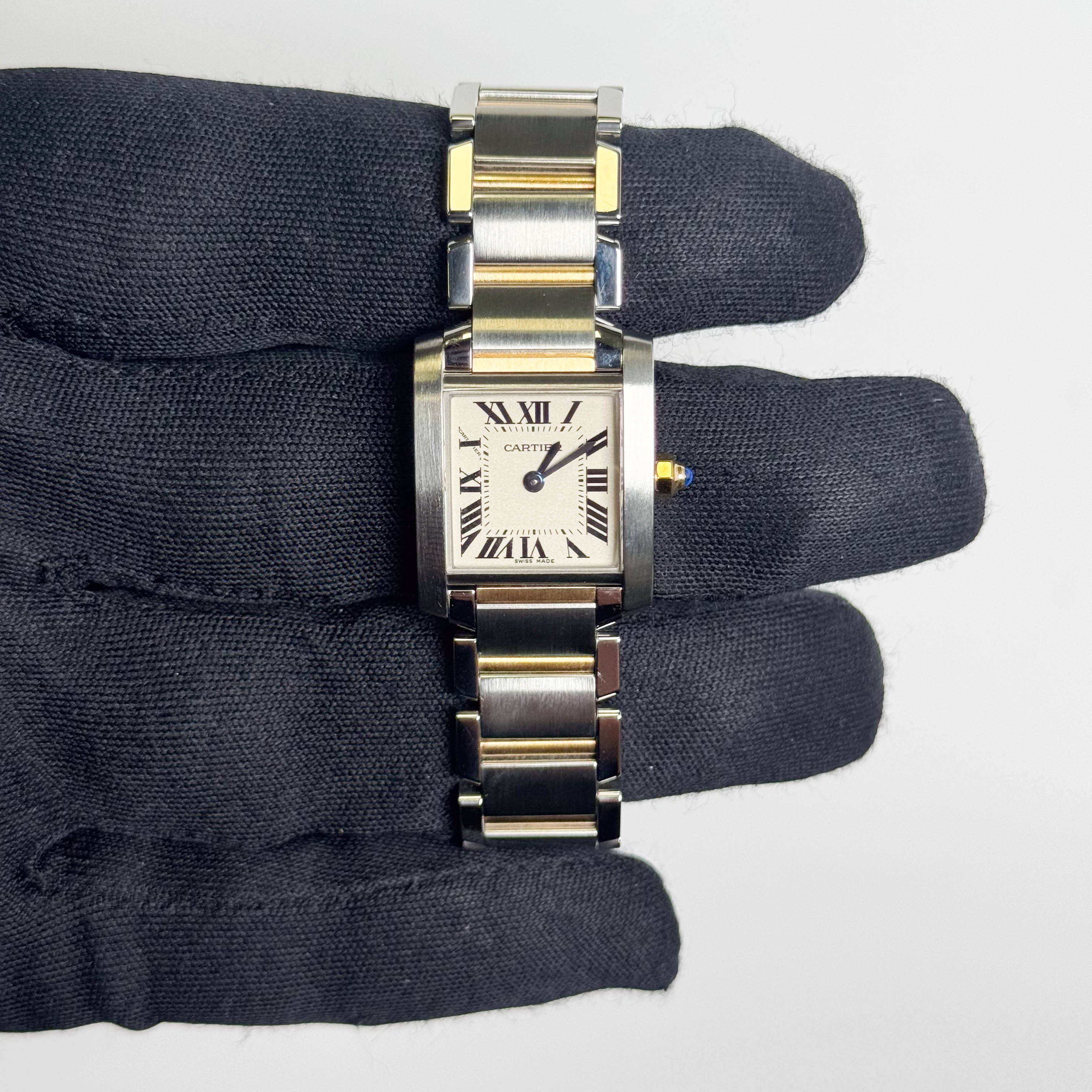 Cartier Tank Two-Tone Yellow Gold & Steel 25x20mm White Dial Watch Ref# W51007Q4 - Happy Jewelers Fine Jewelry Lifetime Warranty