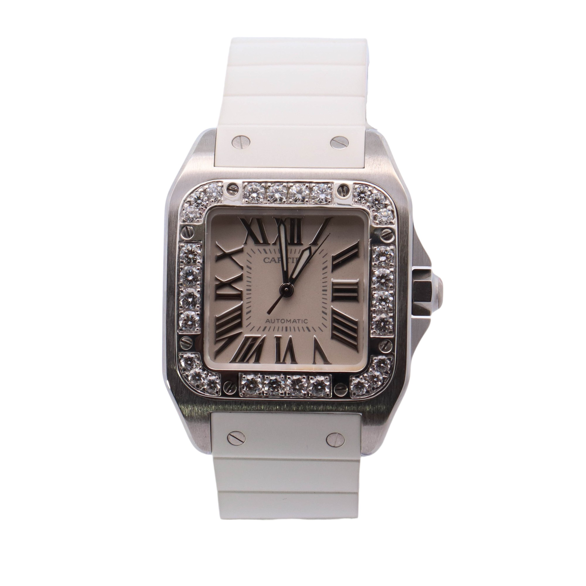 Cartier Santos 100 Stainless Steel 32mm White Roman Dial Watch Reference # W20122U2 - Happy Jewelers Fine Jewelry Lifetime Warranty