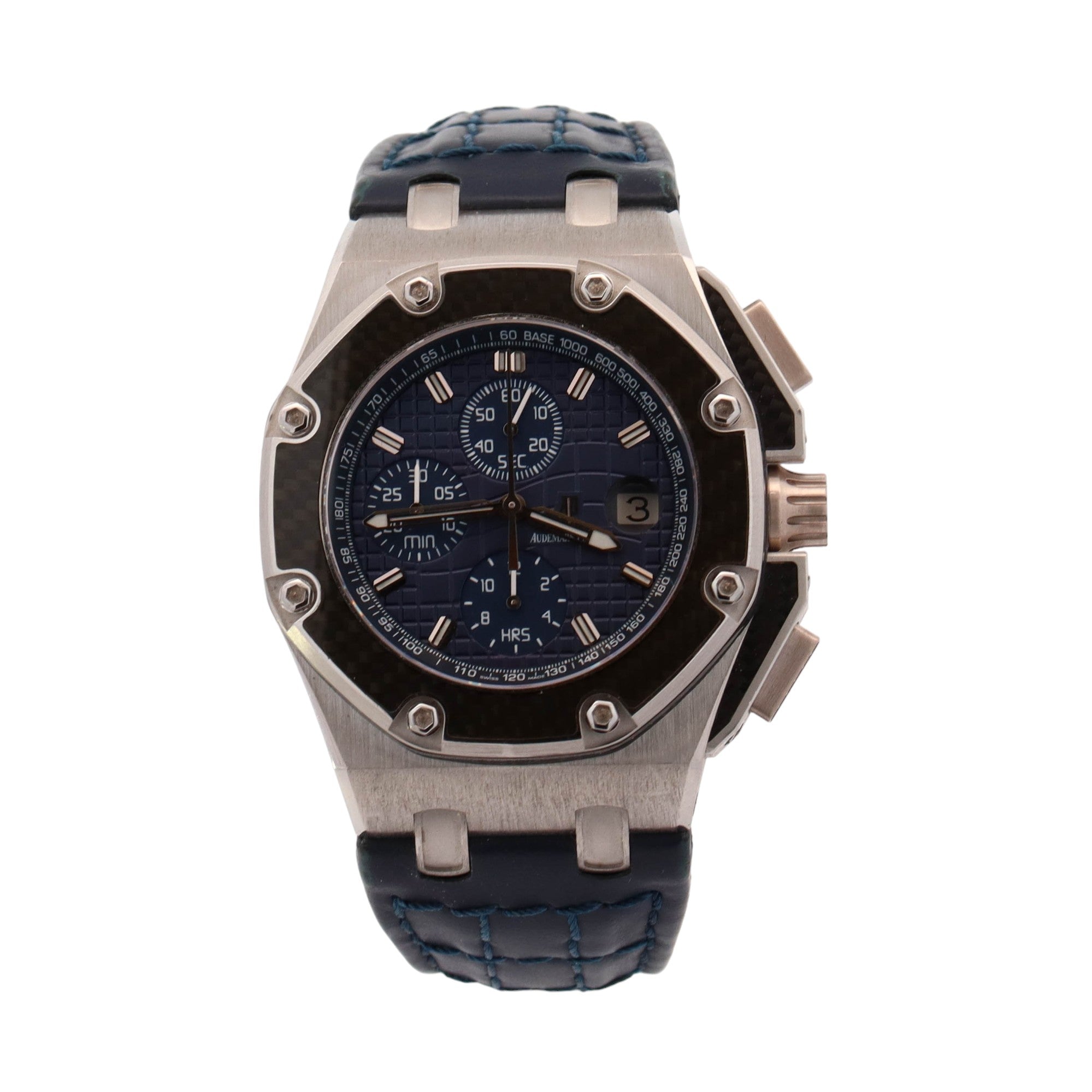 Audemars Piguet Royal Oak Offshore "Juan Pablo Montoya" Platinum 42mm Blue Chronograph Dial Watch Reference #: 26030PO.00.D021IN.01 - Happy Jewelers Fine Jewelry Lifetime Warranty