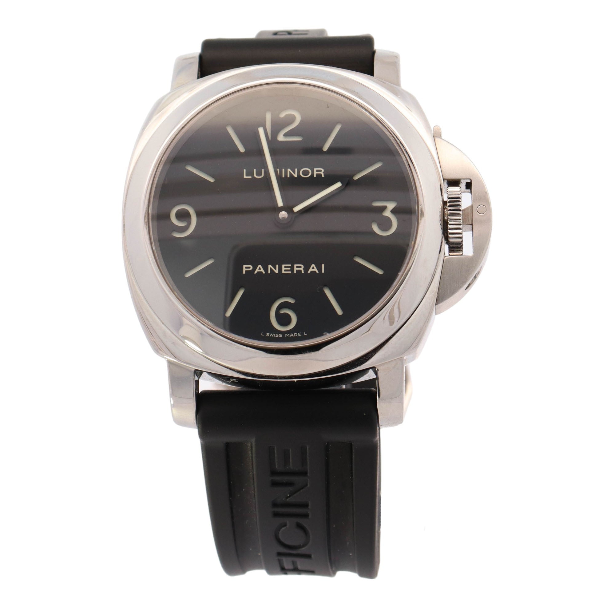 Panerai Men's Luminor Base Stainless Steel 44mm Black Dial Watch Reference #: PAM00112 - Happy Jewelers Fine Jewelry Lifetime Warranty