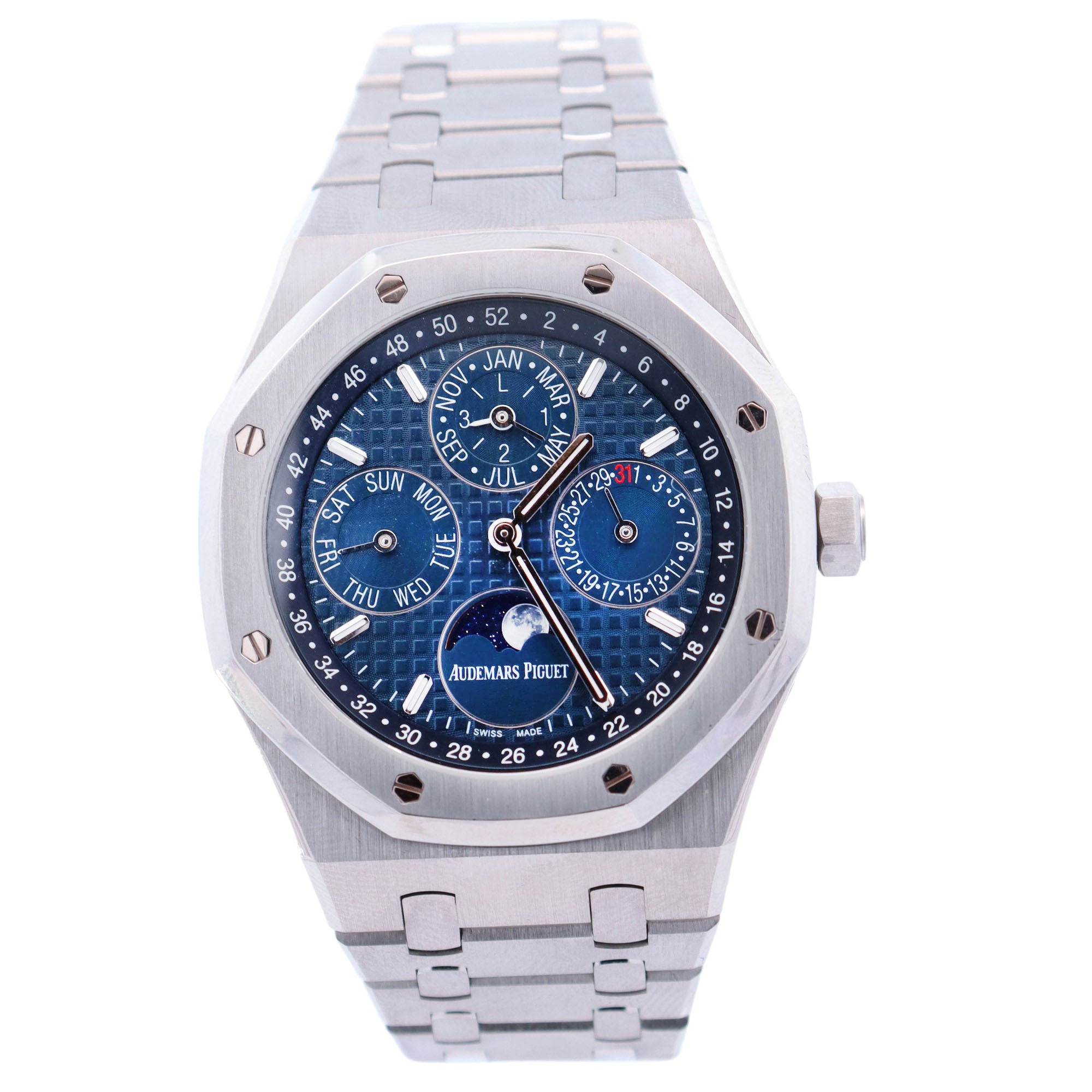 Audemars Piguet Royal Oak Perpetual Calendar 41mm Stainless Steel Blue "Grande Tapisserie" Stick Dial Watch Reference# 26574ST.OO.1220ST.03 - Happy Jewelers Fine Jewelry Lifetime Warranty
