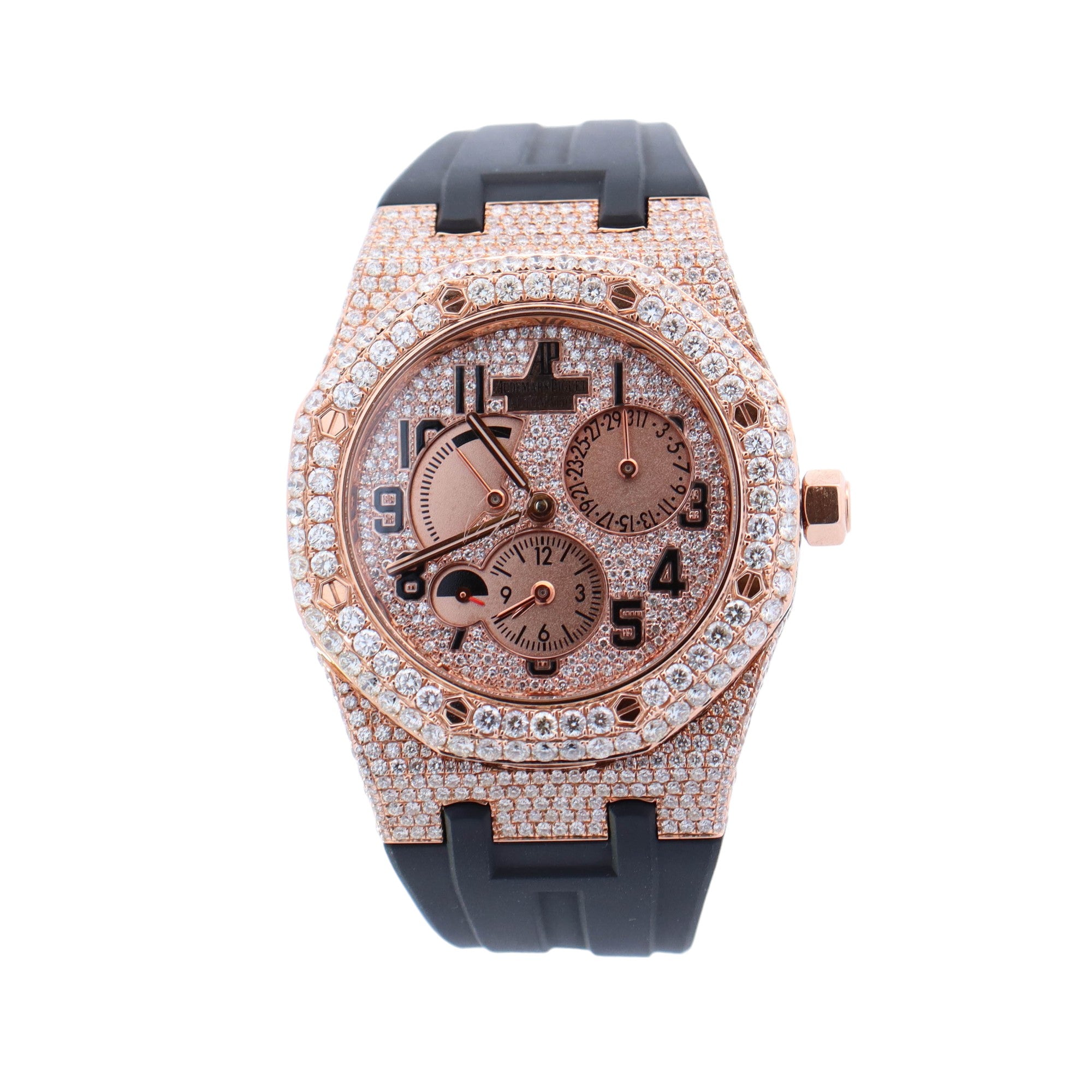 Audemars Piguet Dual Time " Iced Out" Rose Gold 39mm Custom Pave Diamond Dial Watch Reference #: 26120OR.OO.D088CR.01 - Happy Jewelers Fine Jewelry Lifetime Warranty