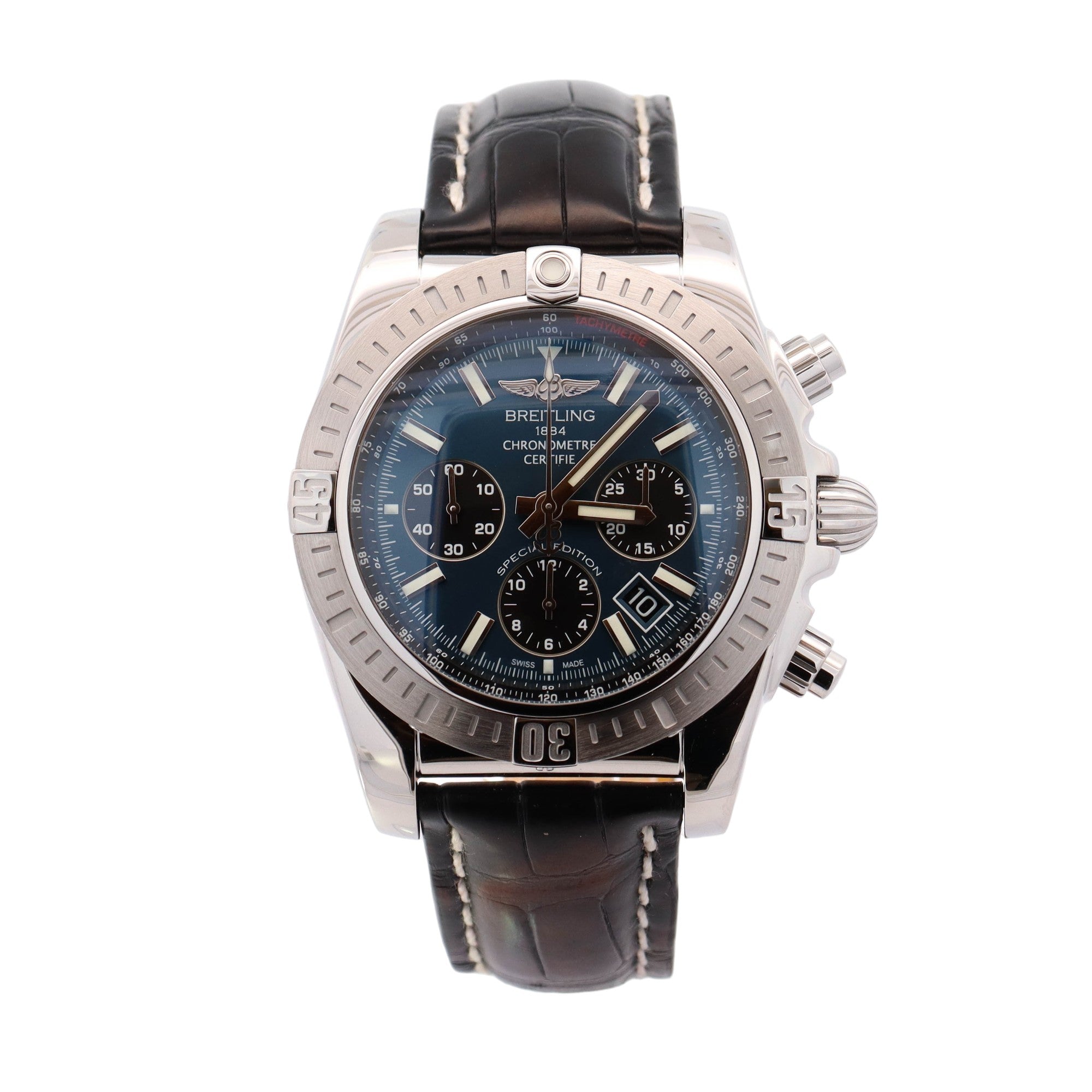 Breitling Chronomat Stainless Steel 44mm Blue Chronbograph Dial Watch Ref# AB0115 - Happy Jewelers Fine Jewelry Lifetime Warranty