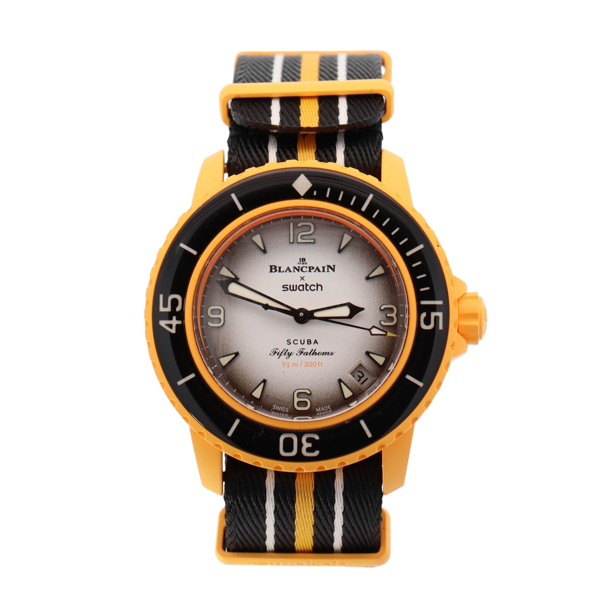 Swatch x Blancpain Yellow Bioceramic 42mm White Arabic & Stick Dial Watch - Happy Jewelers Fine Jewelry Lifetime Warranty
