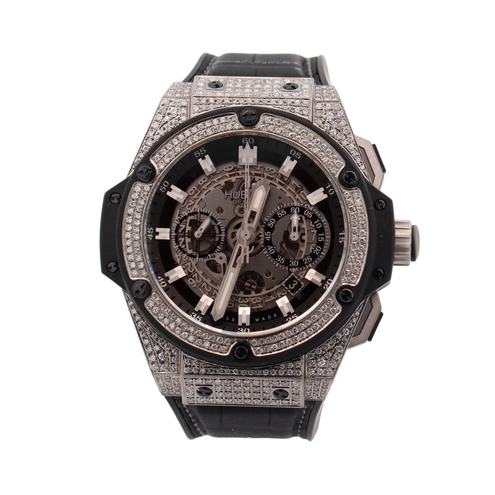 Hublot King Power Unico Titanium "Iced Out" 48mm Skeleton Dial Watch Reference #: 701.NX.0170.RX - Happy Jewelers Fine Jewelry Lifetime Warranty